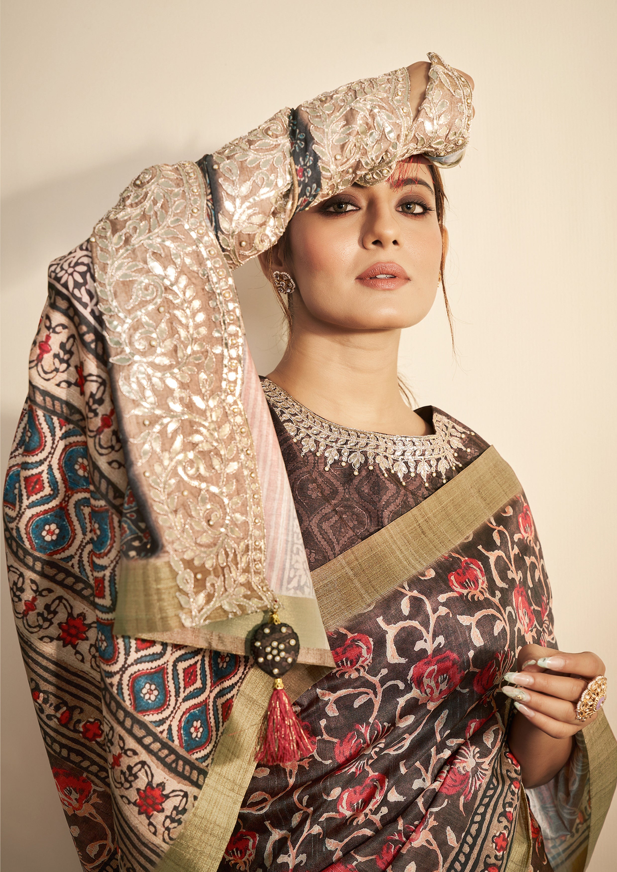 Coffee Brown Printed Tussar Silk Saree