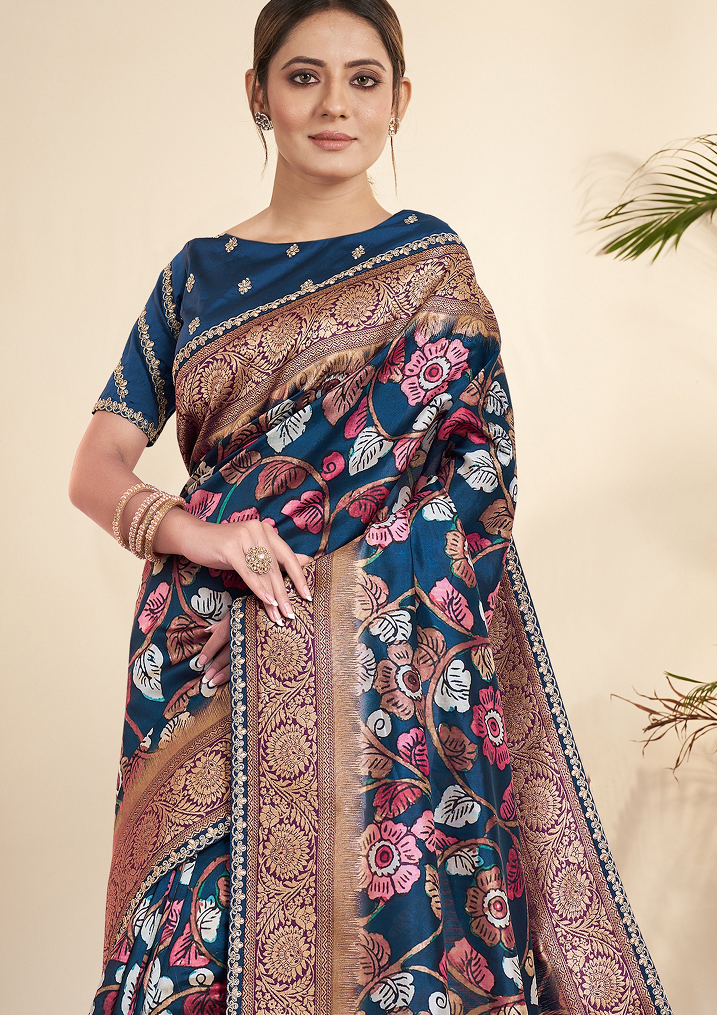 Midnight Blue Printed Tussar Silk Jacquard Saree