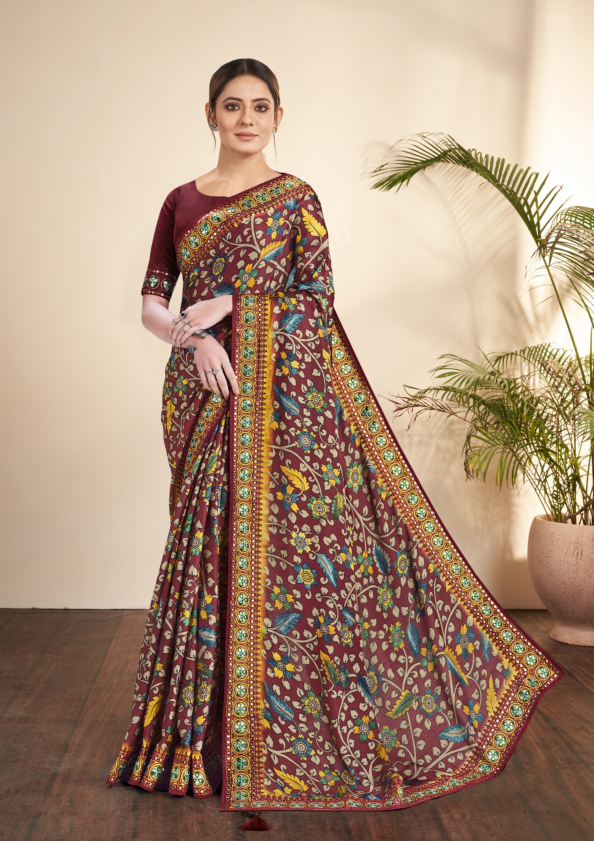 Royal Maroon Printed Gajji Silk Saree