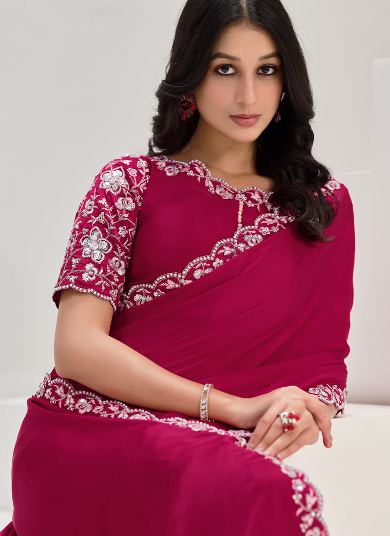 Rani Pink Embellished Crepe Satin Silk Saree