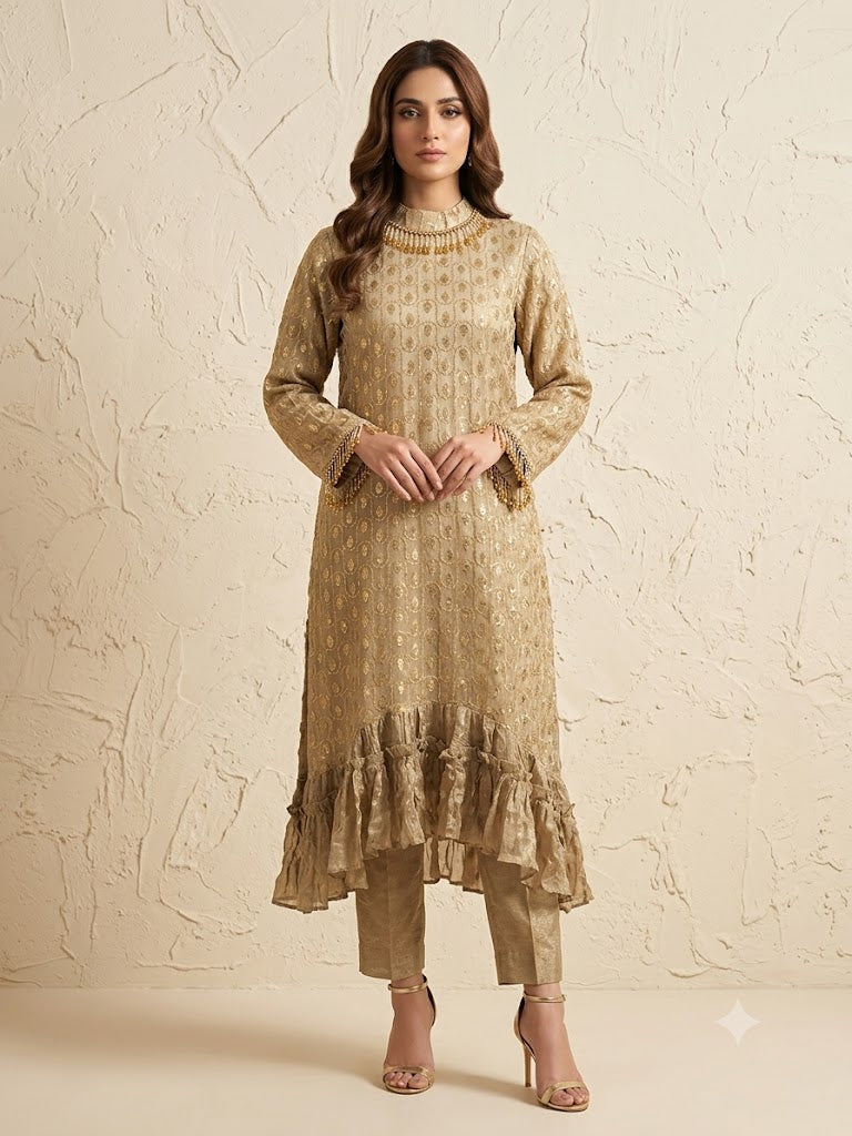 Beige Gold Embellished Georgette Silk Pant Set