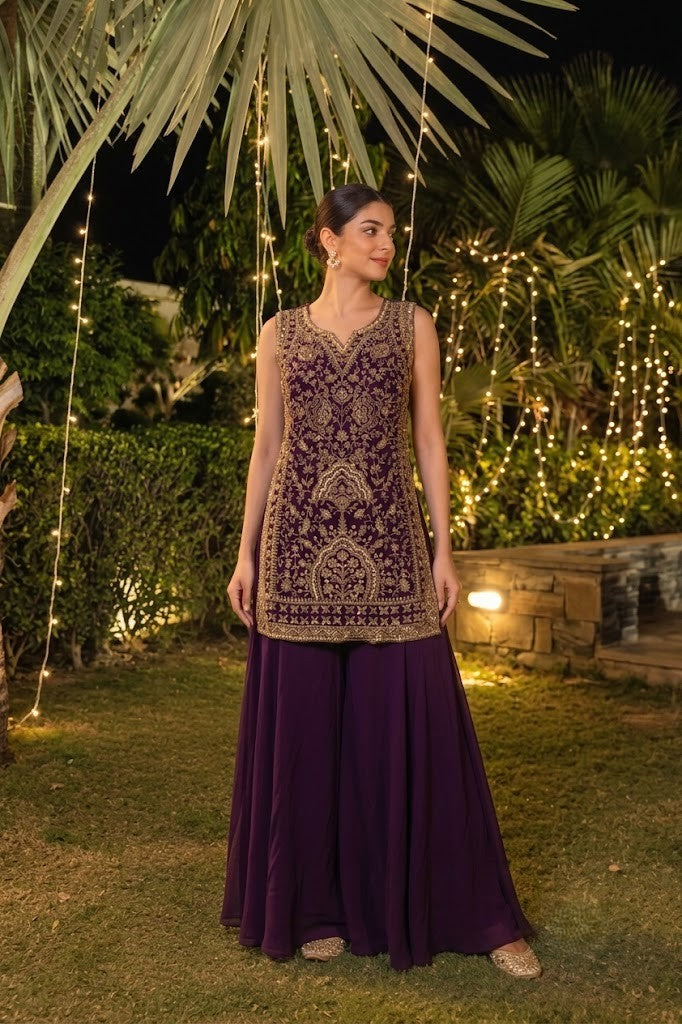 Deep Plum Purple Embellished Georgette Silk Palazzo Set