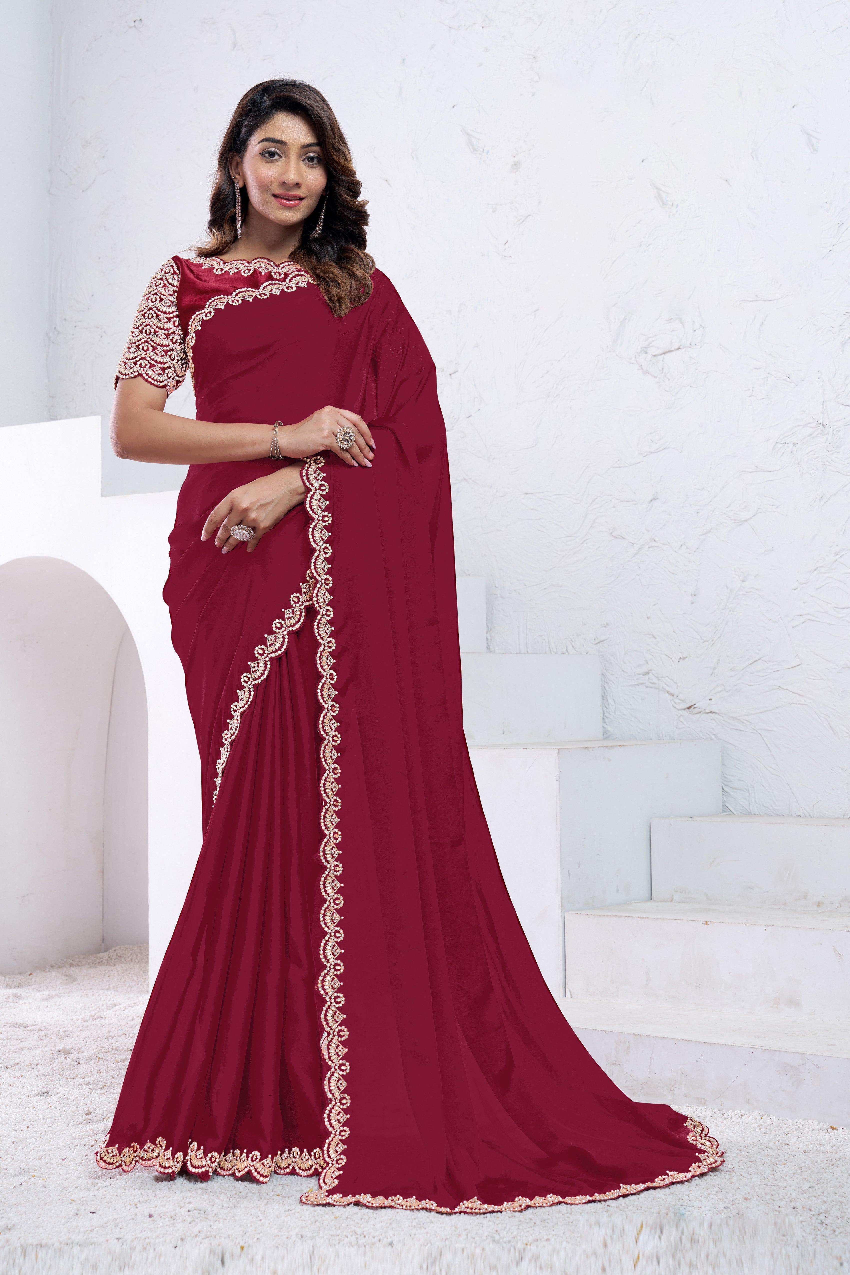Red Embellished Pure Crepe Silk Saree