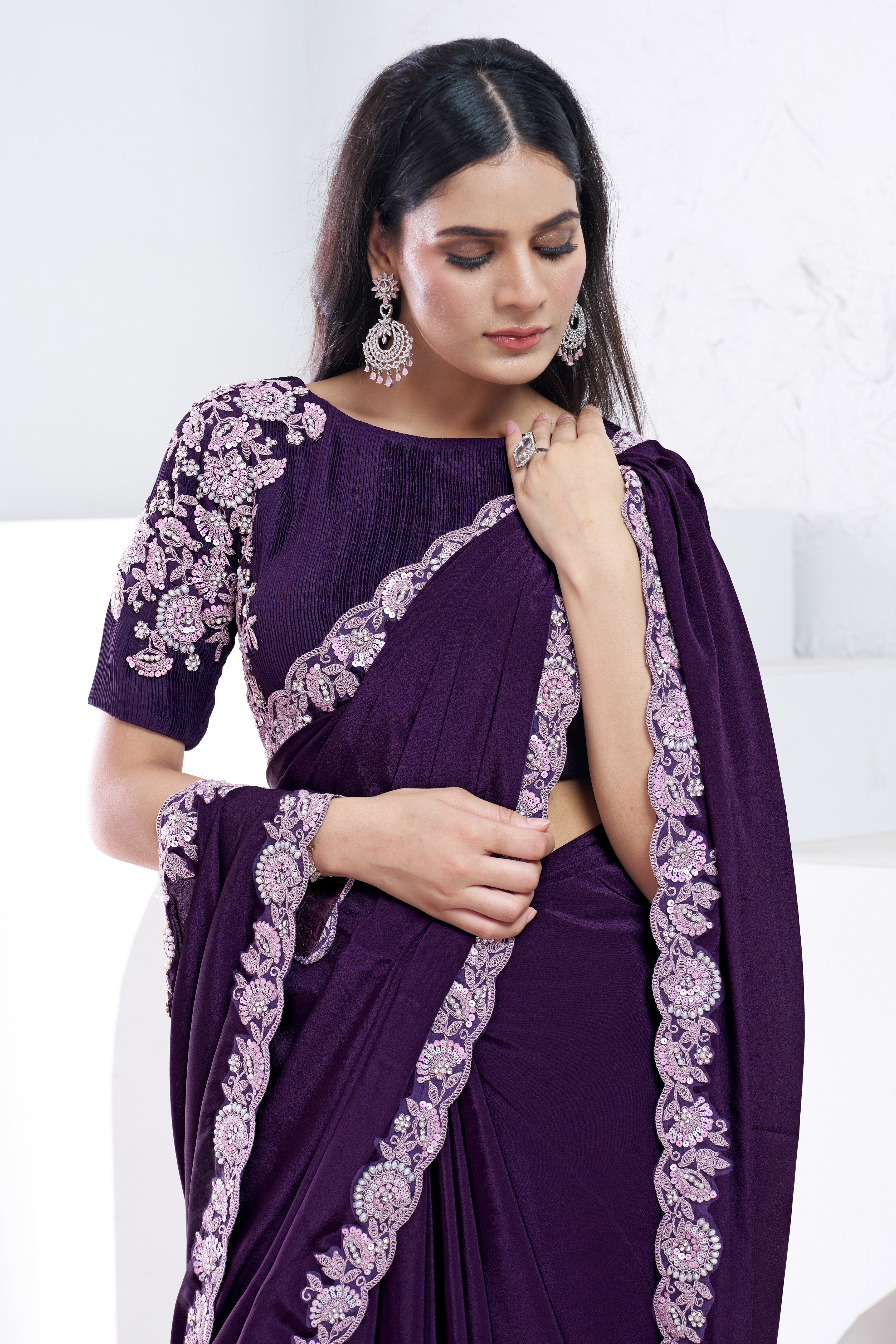 Purple Embellished Pure Crepe Silk Saree
