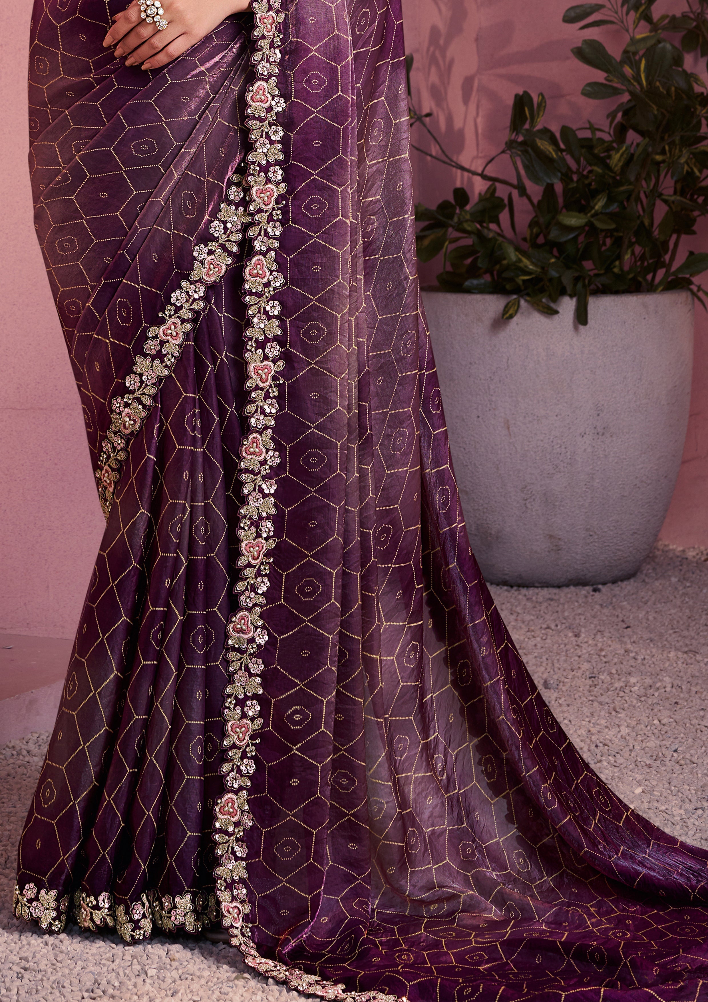 Wine Embroidered Satin Silk Saree