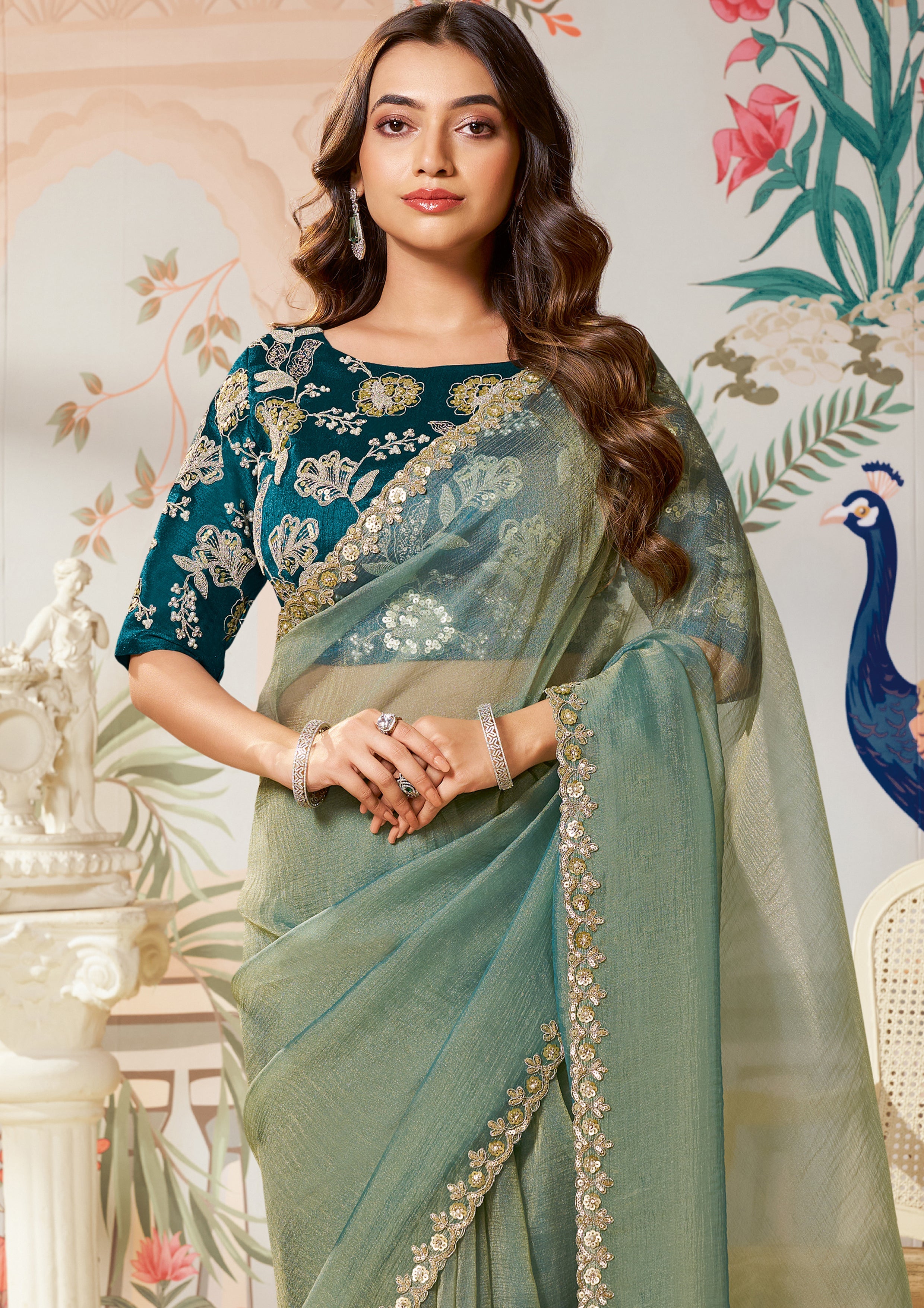 Sage Green Embellished Organza Silk Saree