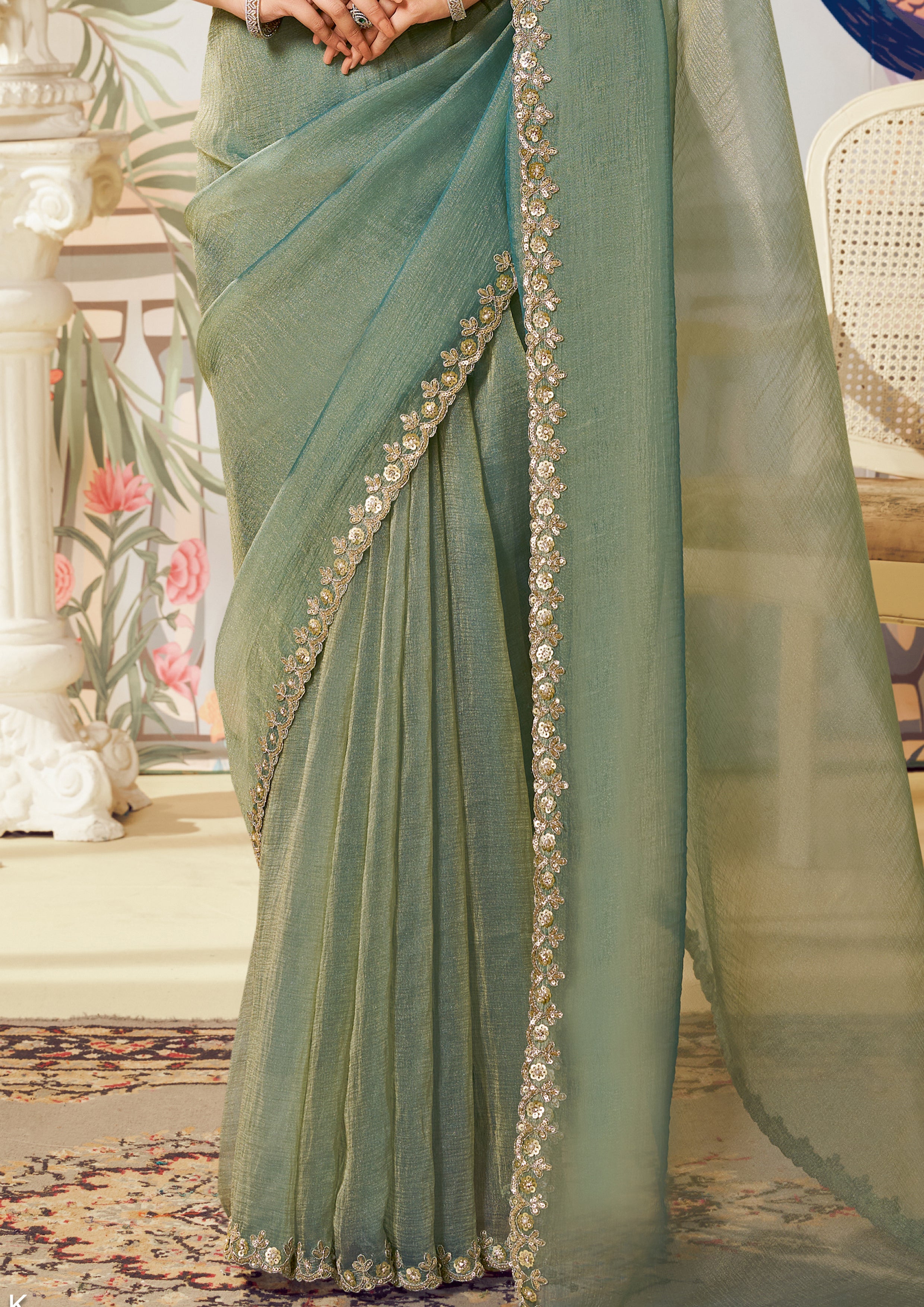 Sage Green Embellished Organza Silk Saree