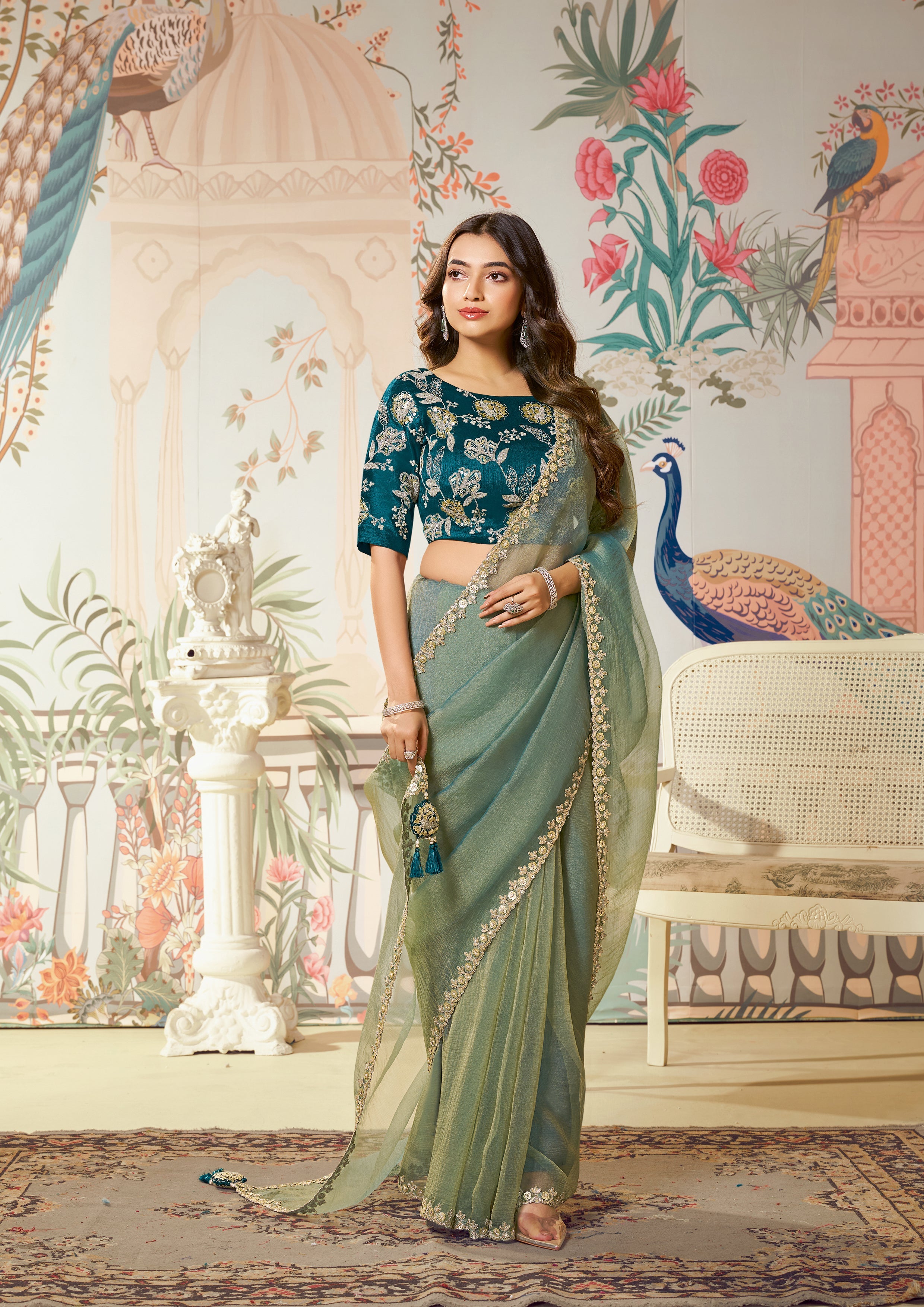 Sage Green Embellished Organza Silk Saree