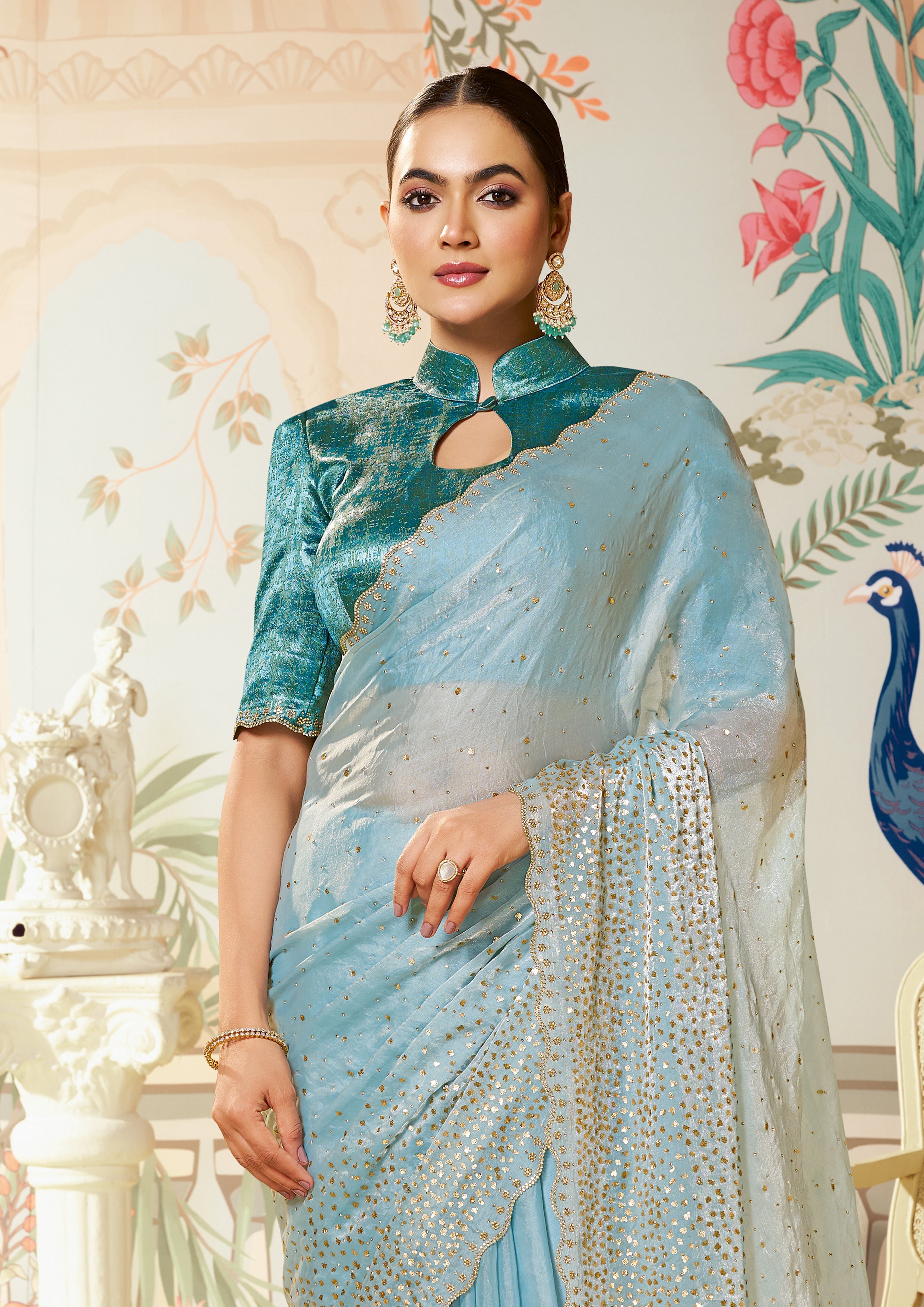 Ice Blue Embellished Organza Silk Saree