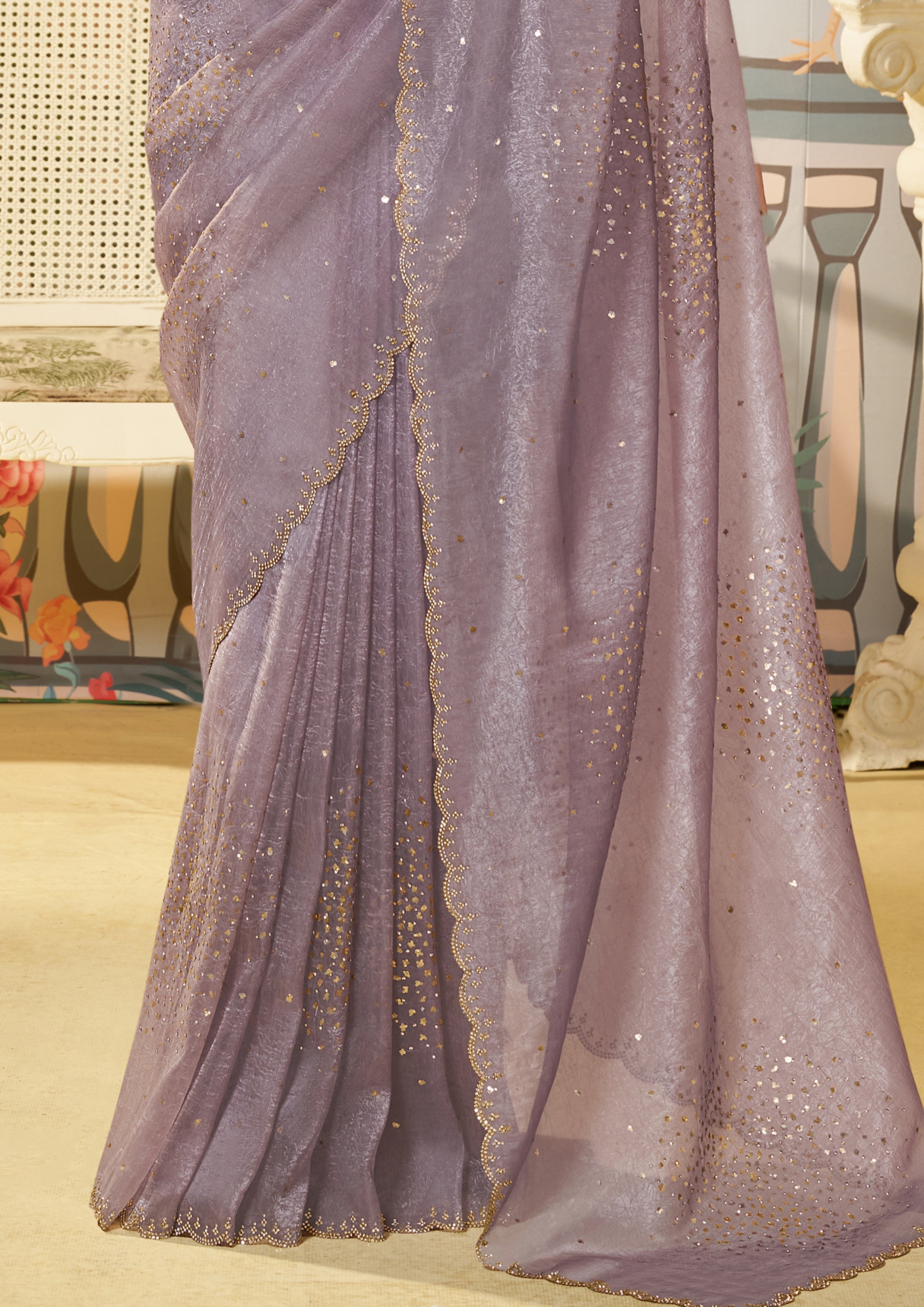 Dusty Mauve Embellished Organza Silk Saree