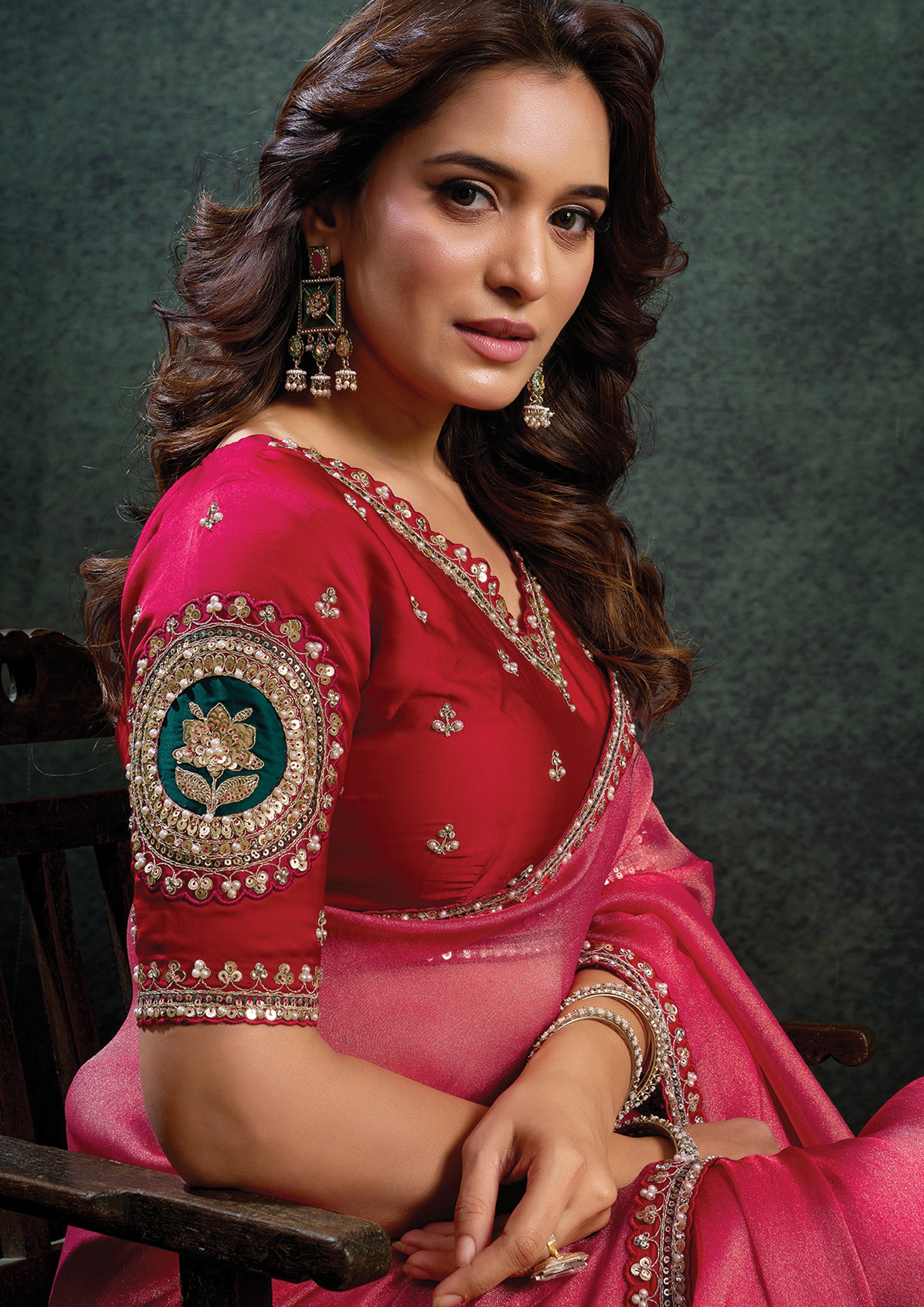 Vermilion Red Embellished Organza Silk Saree