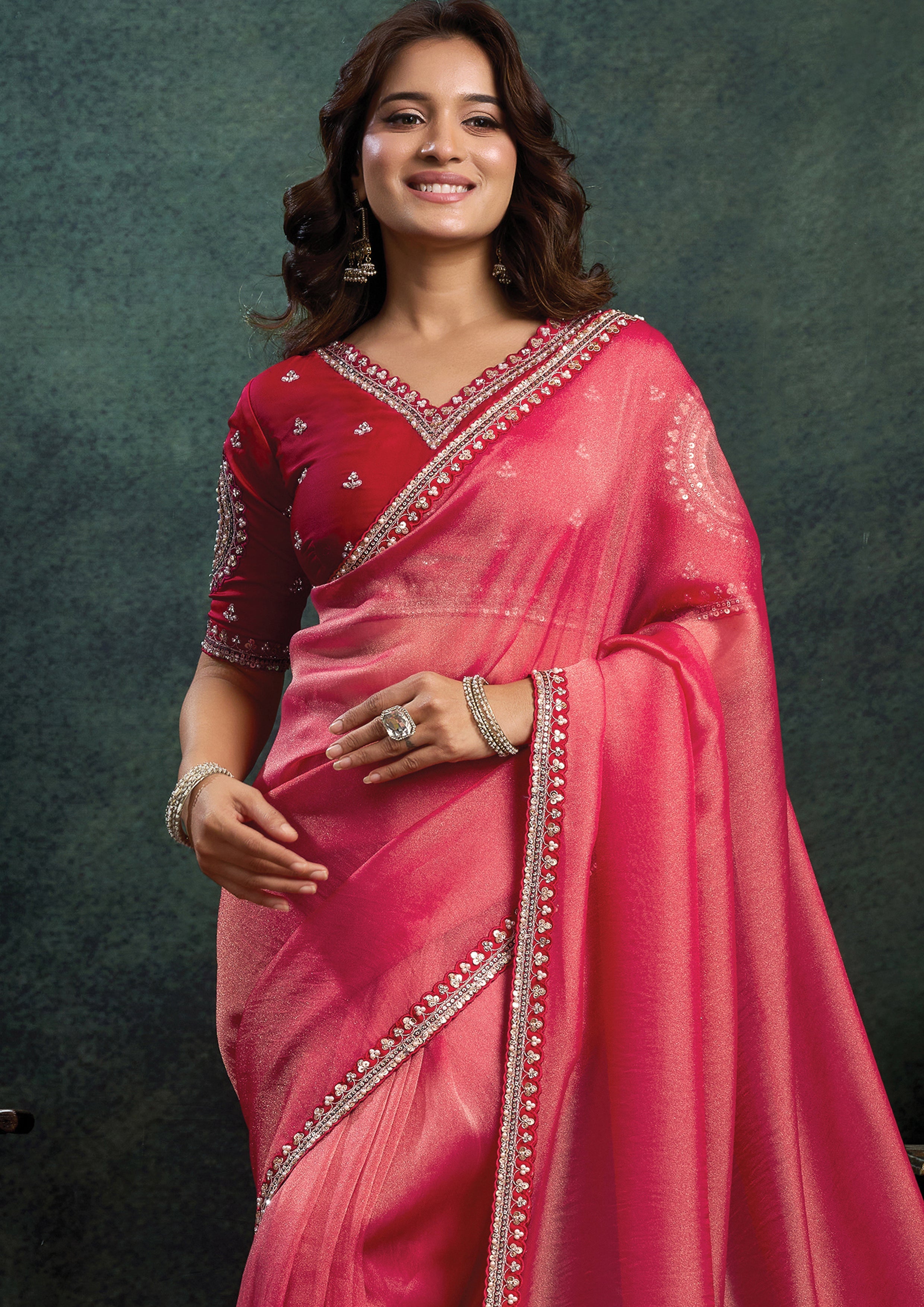 Vermilion Red Embellished Organza Silk Saree
