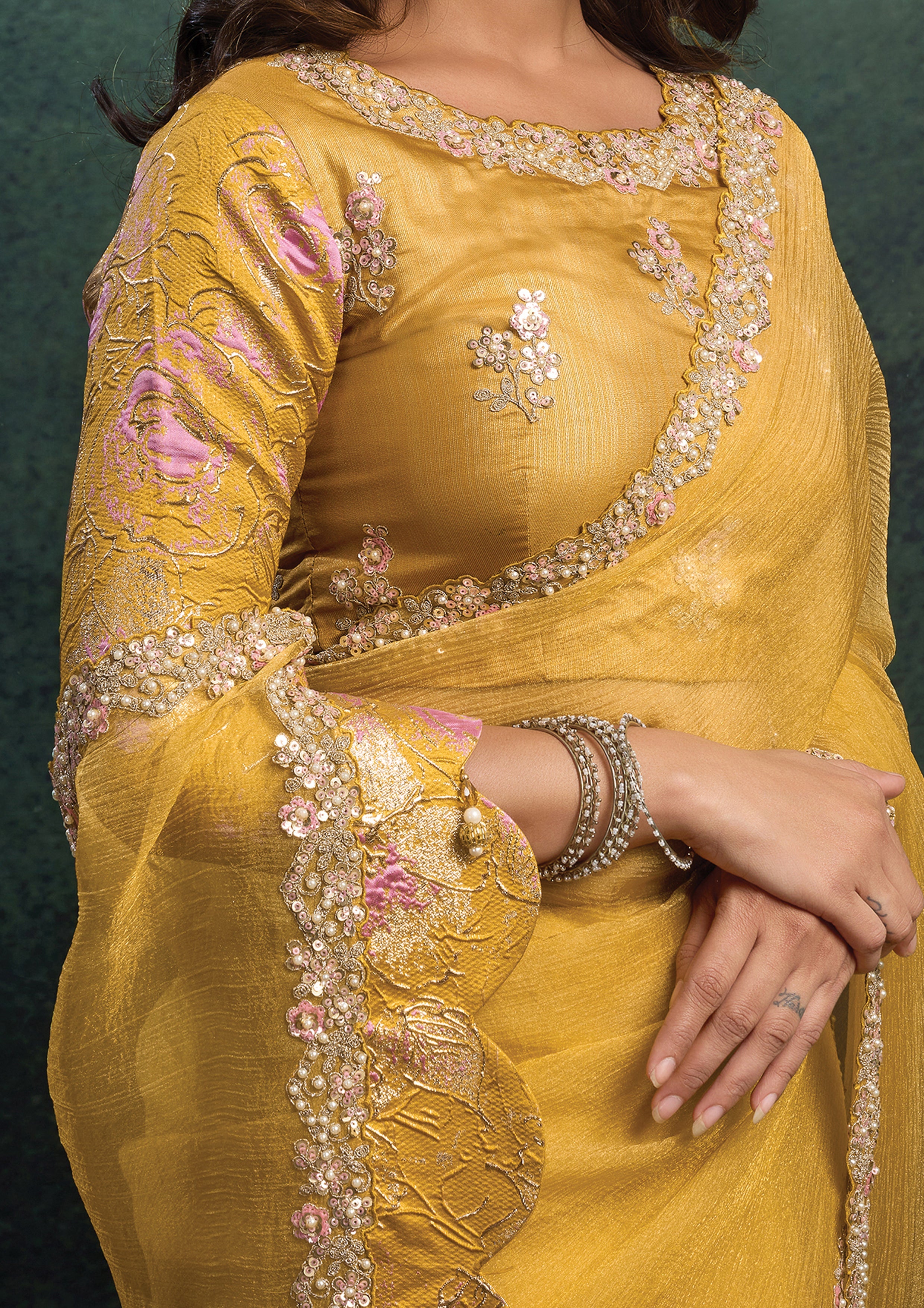 Amber Yellow Embellished Organza Silk Saree