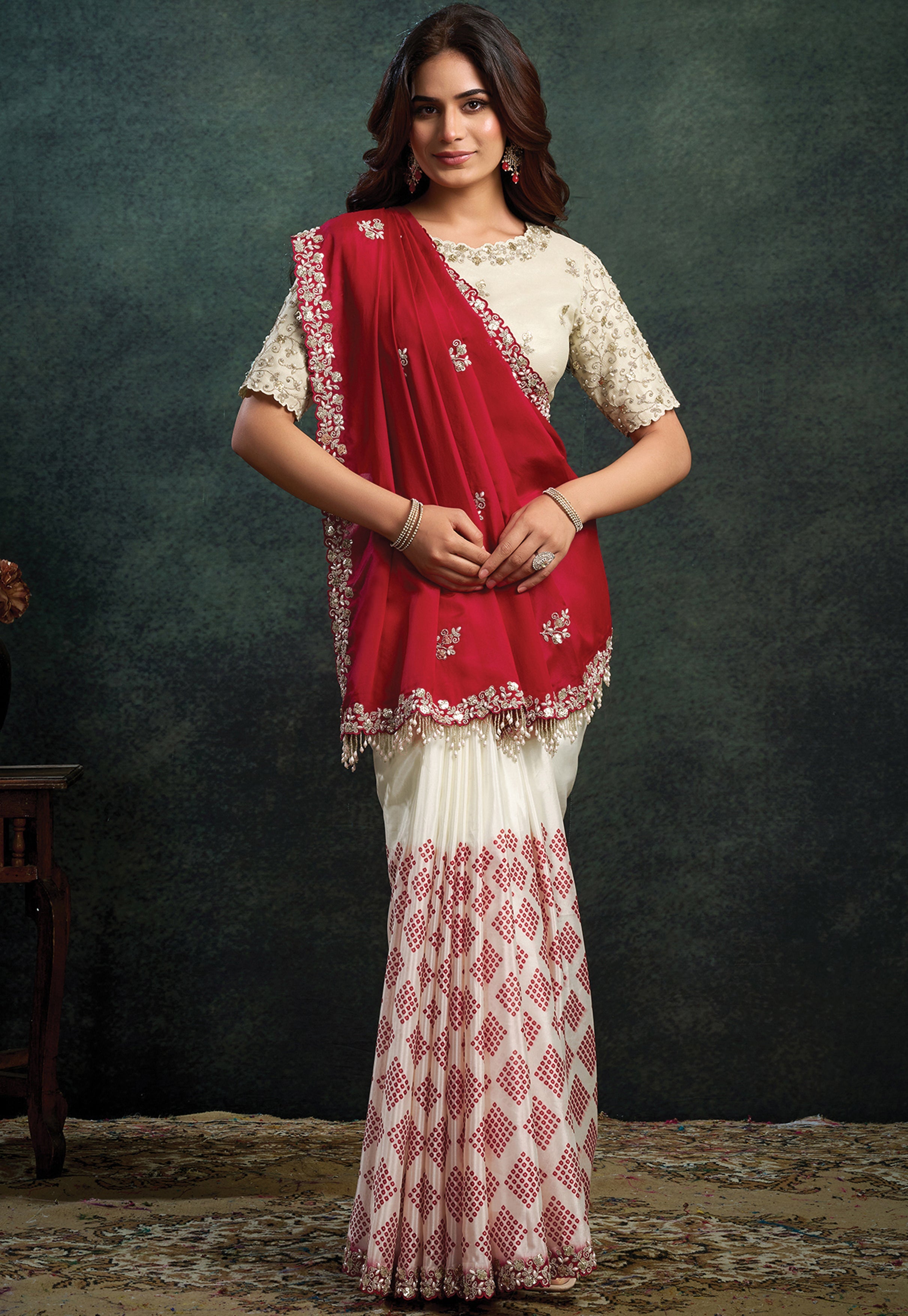 Crimson Pearl Embellished Satin Silk Saree