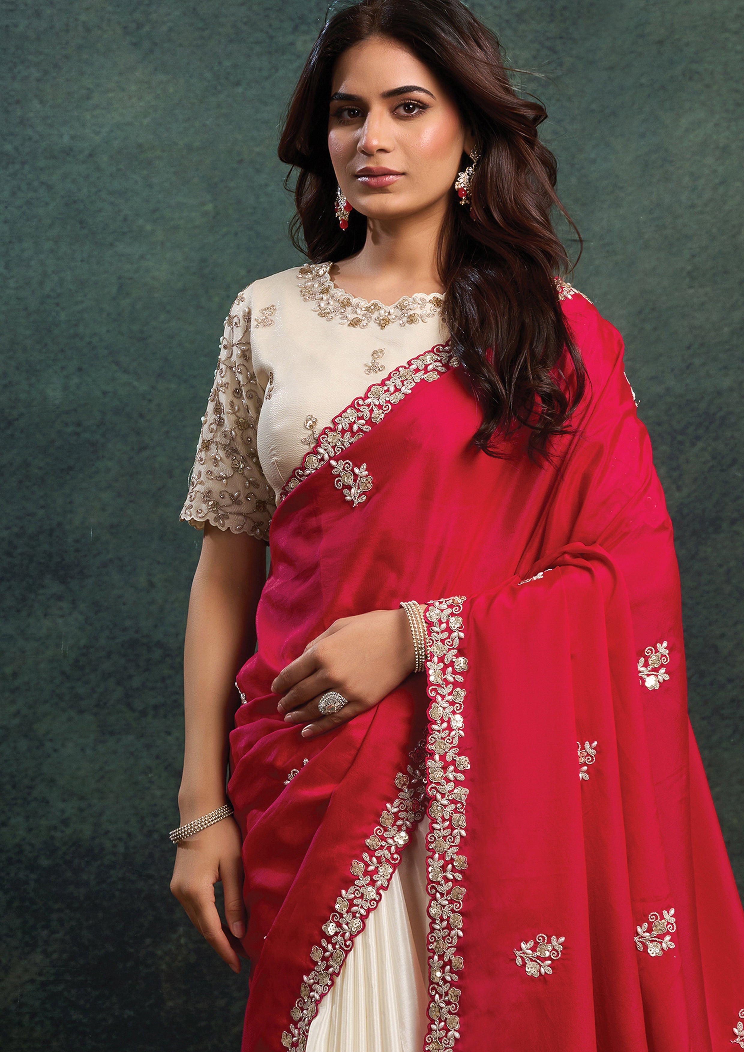 Crimson Pearl Embellished Satin Silk Saree