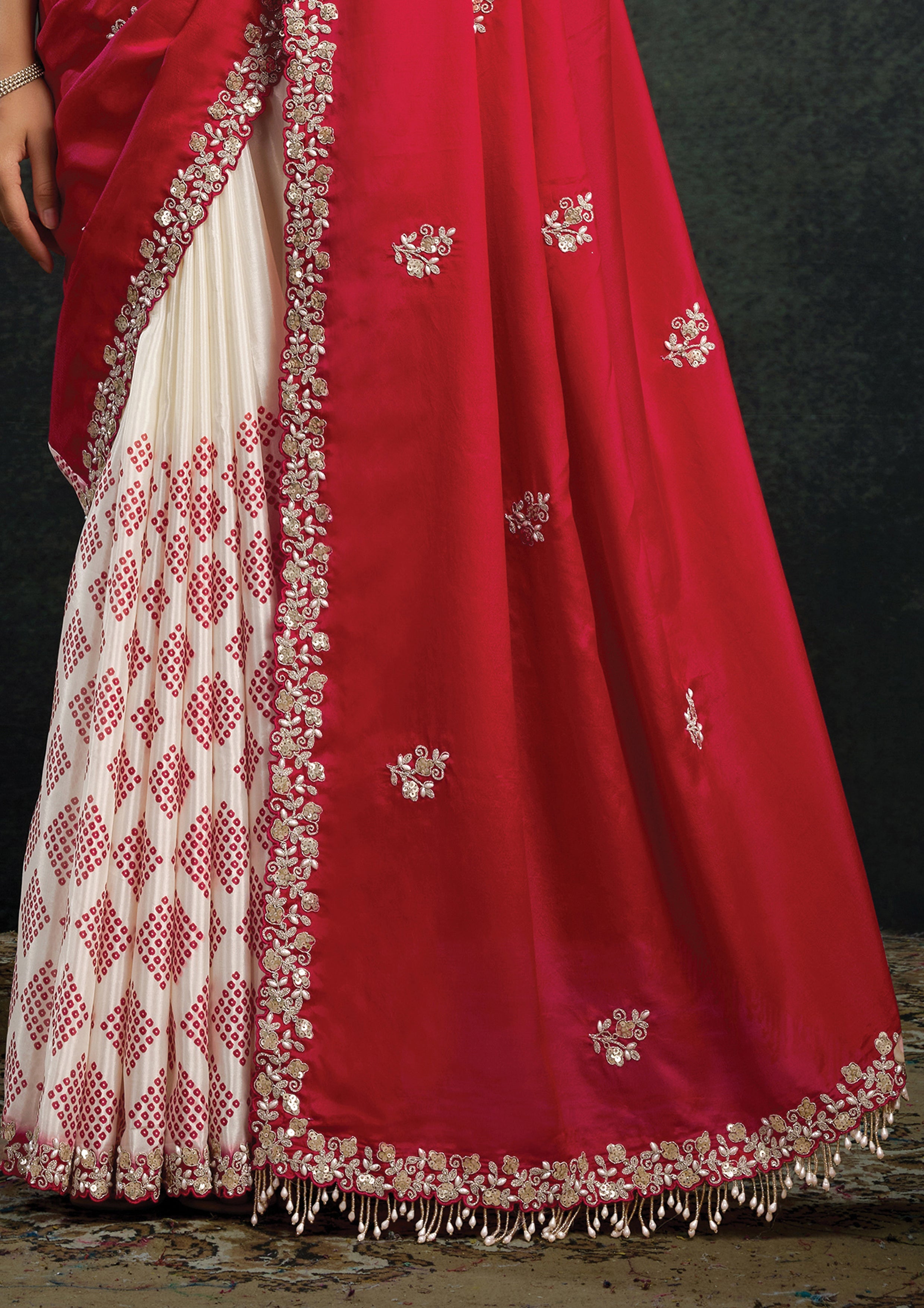Crimson Pearl Embellished Satin Silk Saree