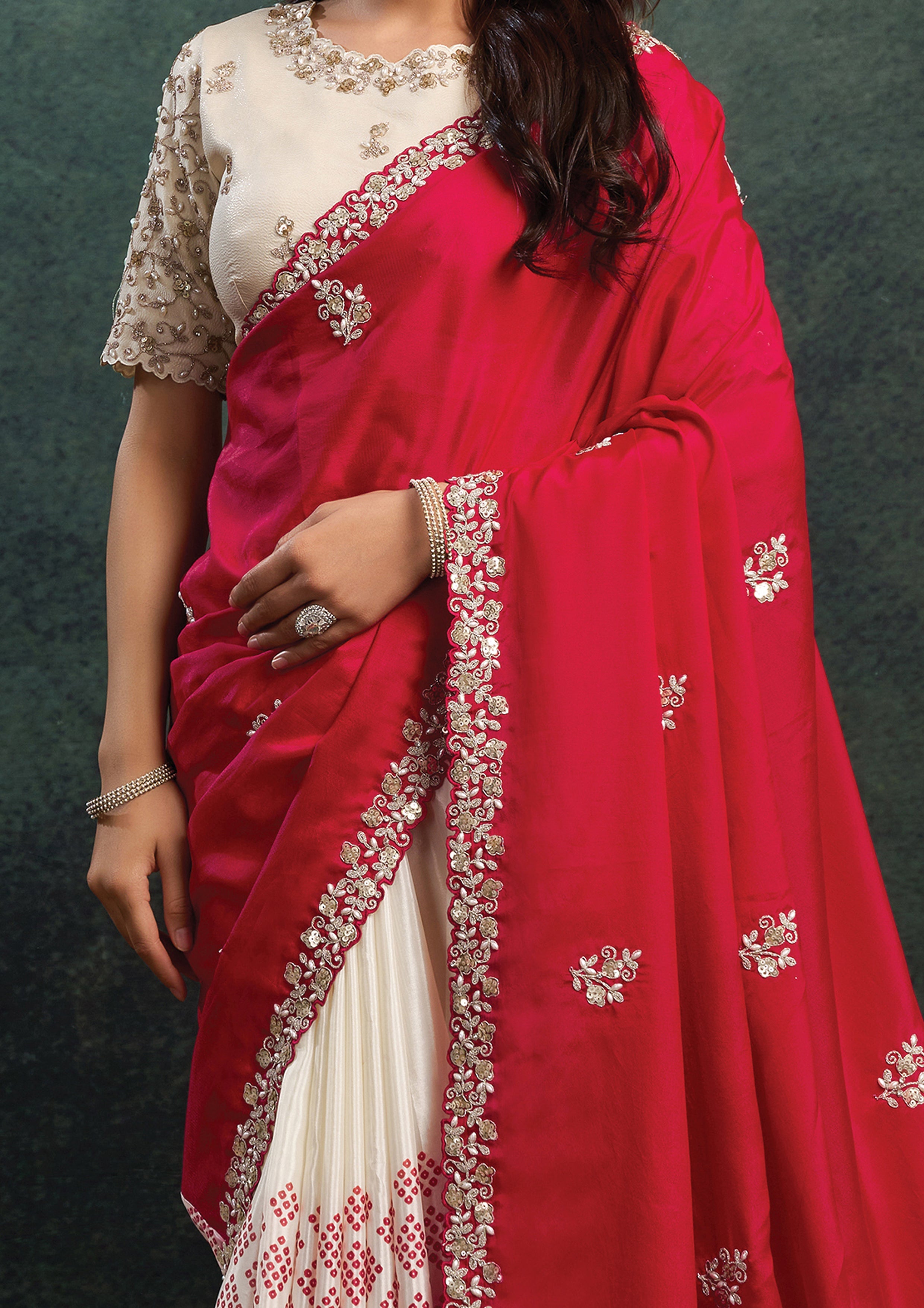 Crimson Pearl Embellished Satin Silk Saree