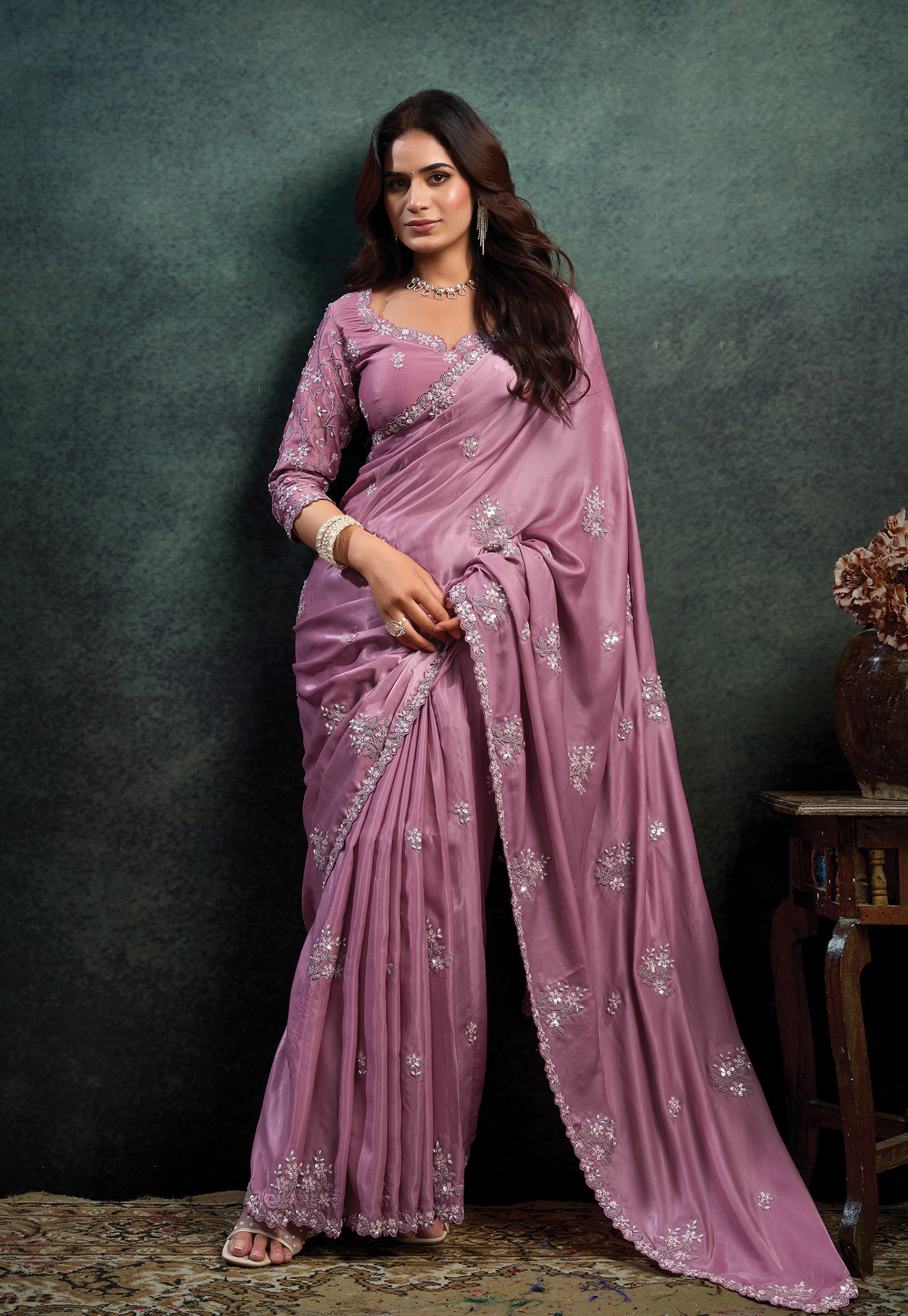 Dusty Rose Embellished Satin Silk Saree