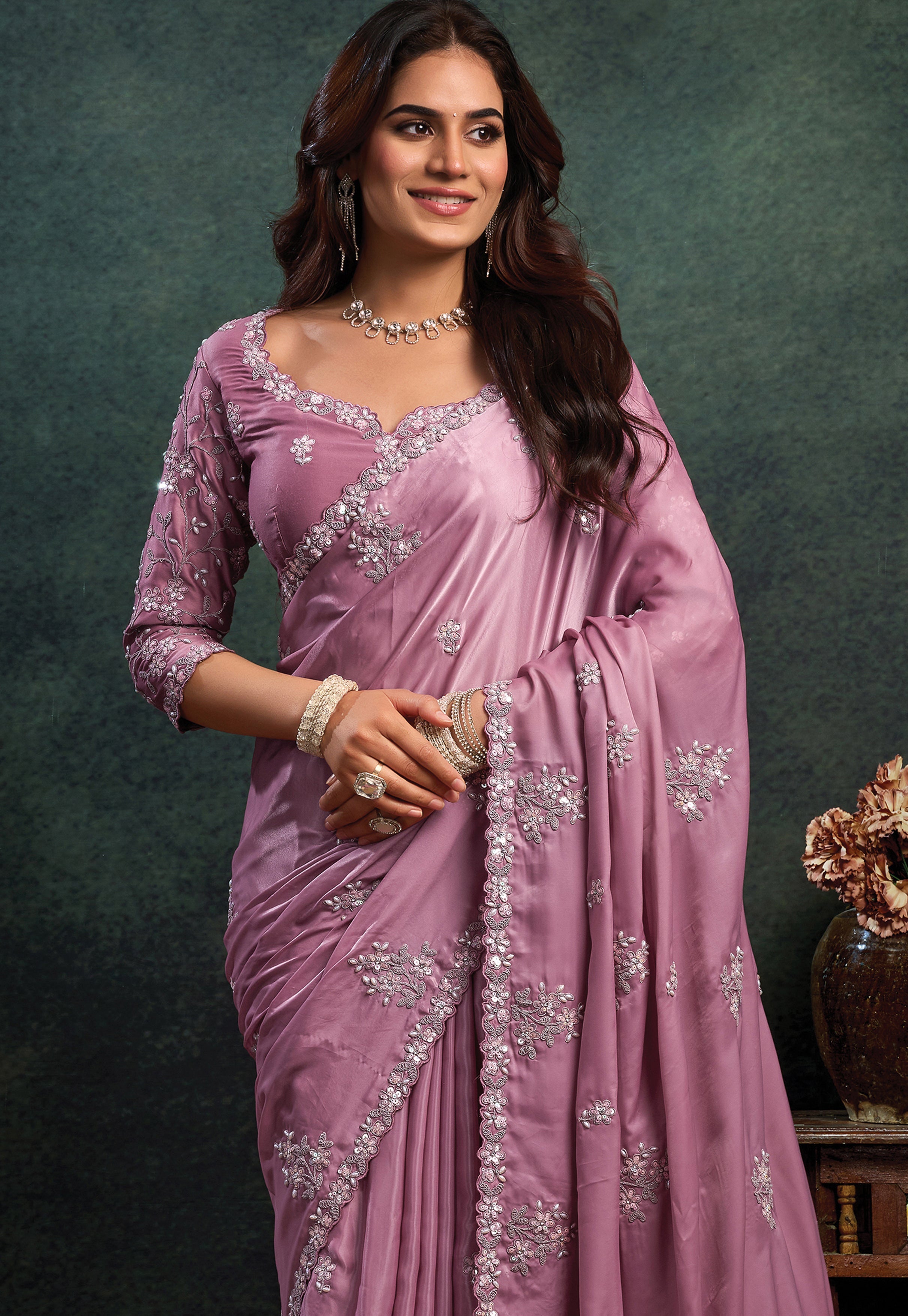 Dusty Rose Embellished Satin Silk Saree