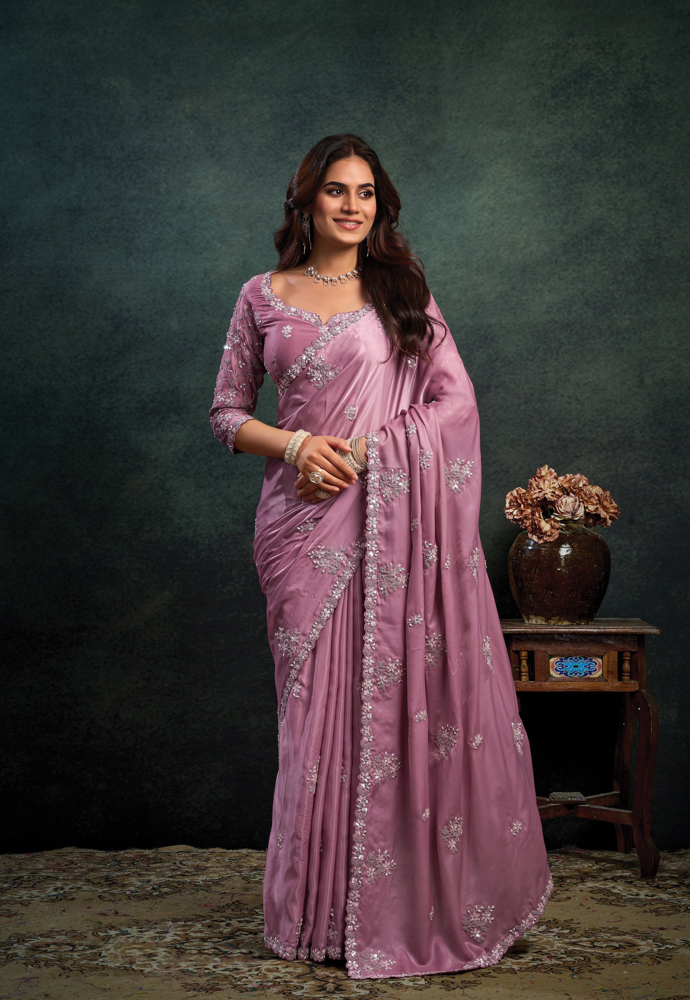 Dusty Rose Embellished Satin Silk Saree