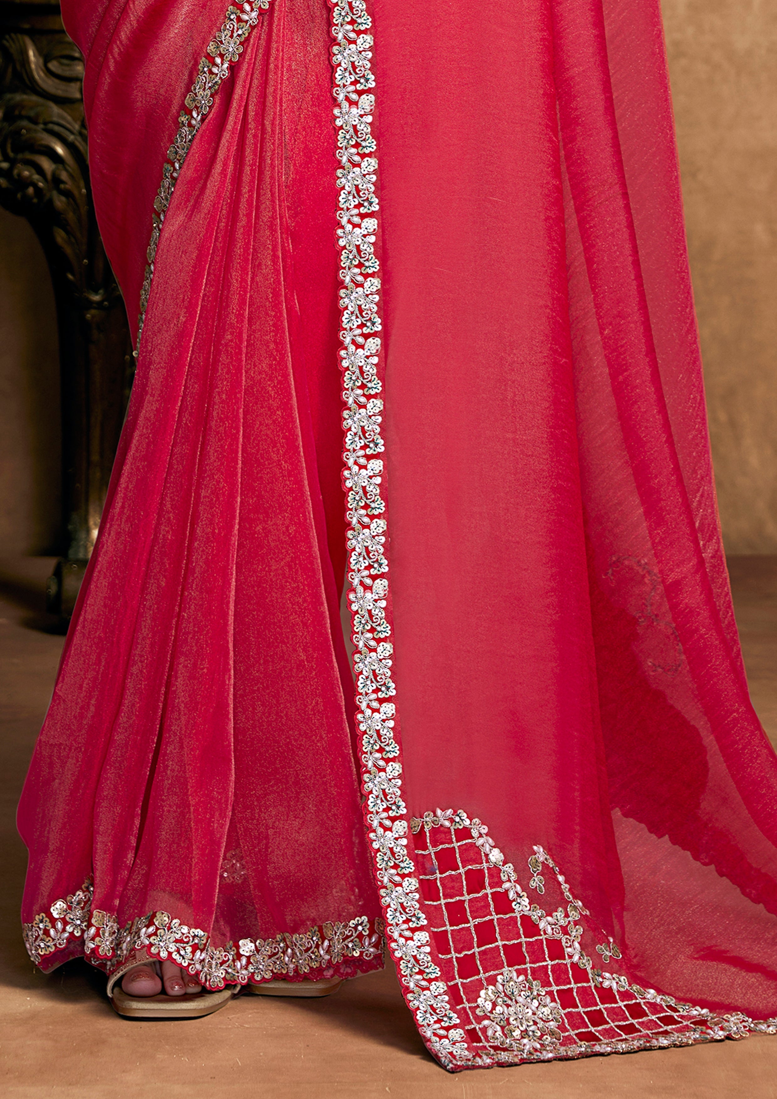 Cherry Red Embellished Shimmer Organza Silk Saree