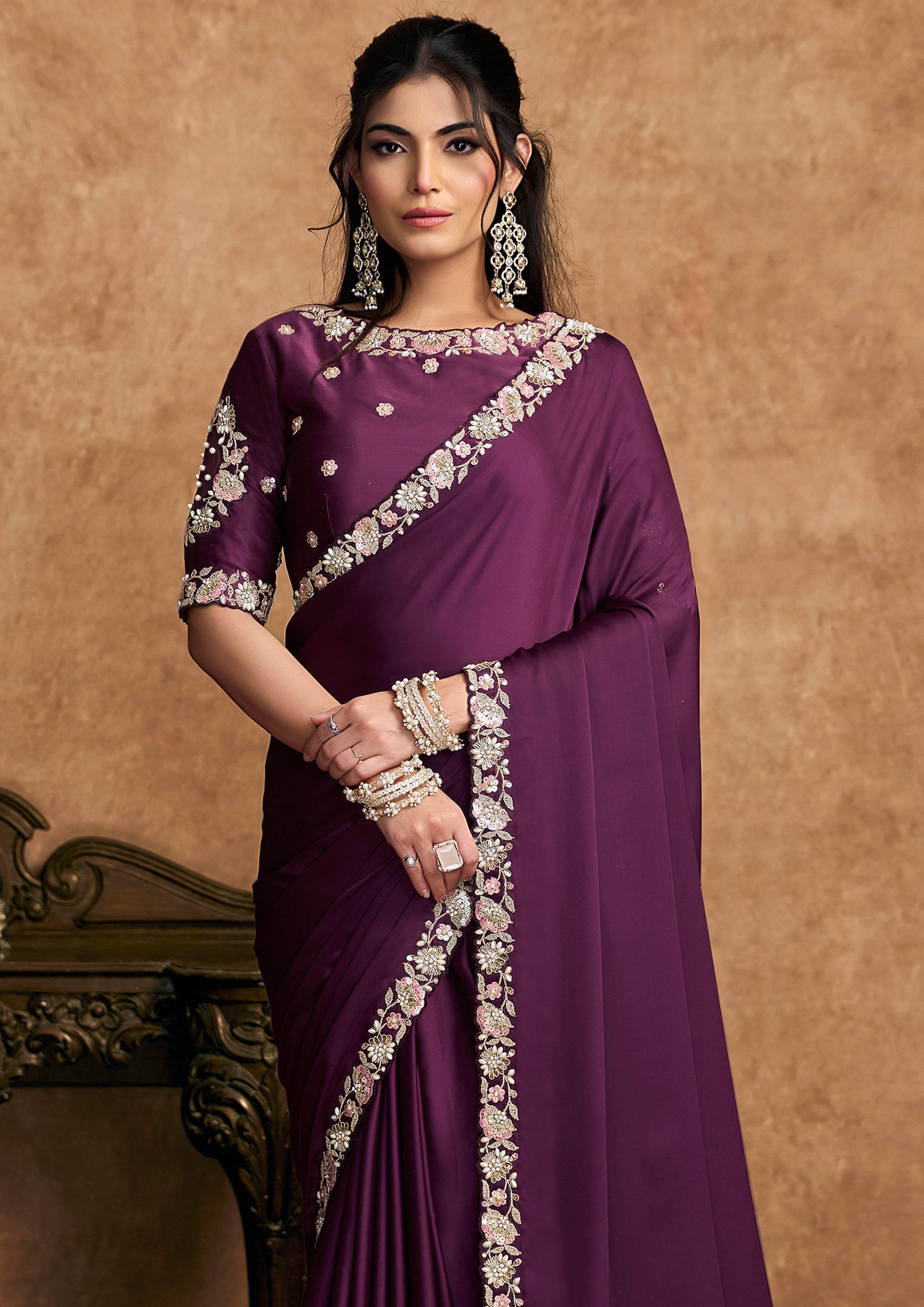 Wine Embellished Satin Silk Saree