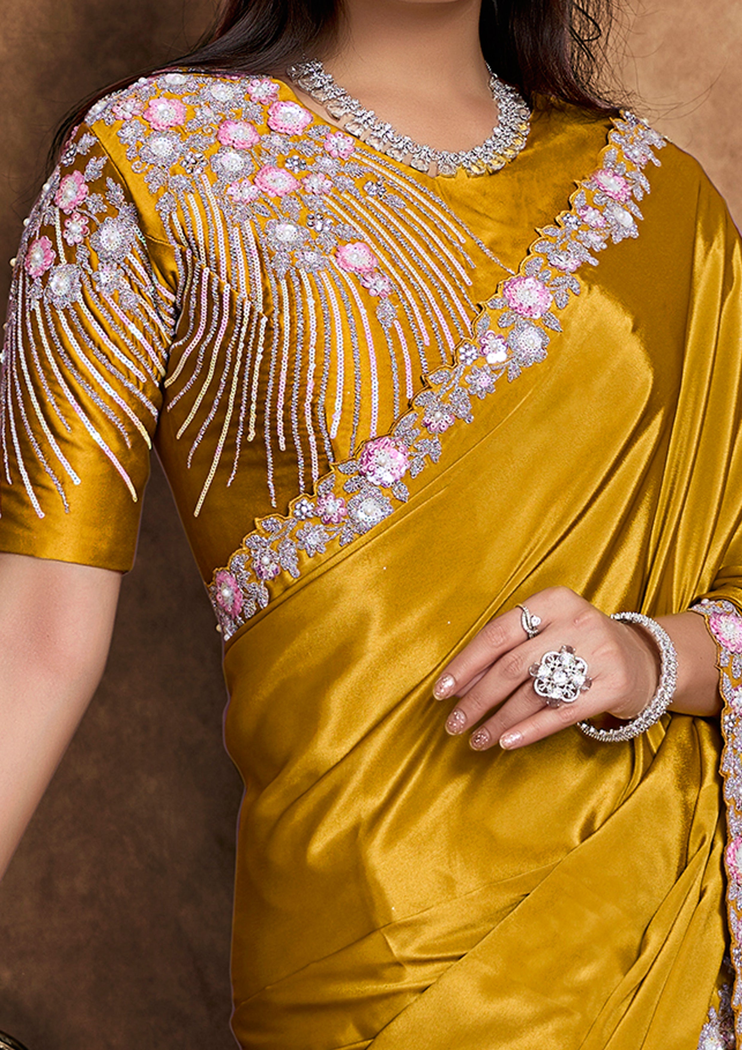 Golden Mustard Embellished Satin Silk Saree