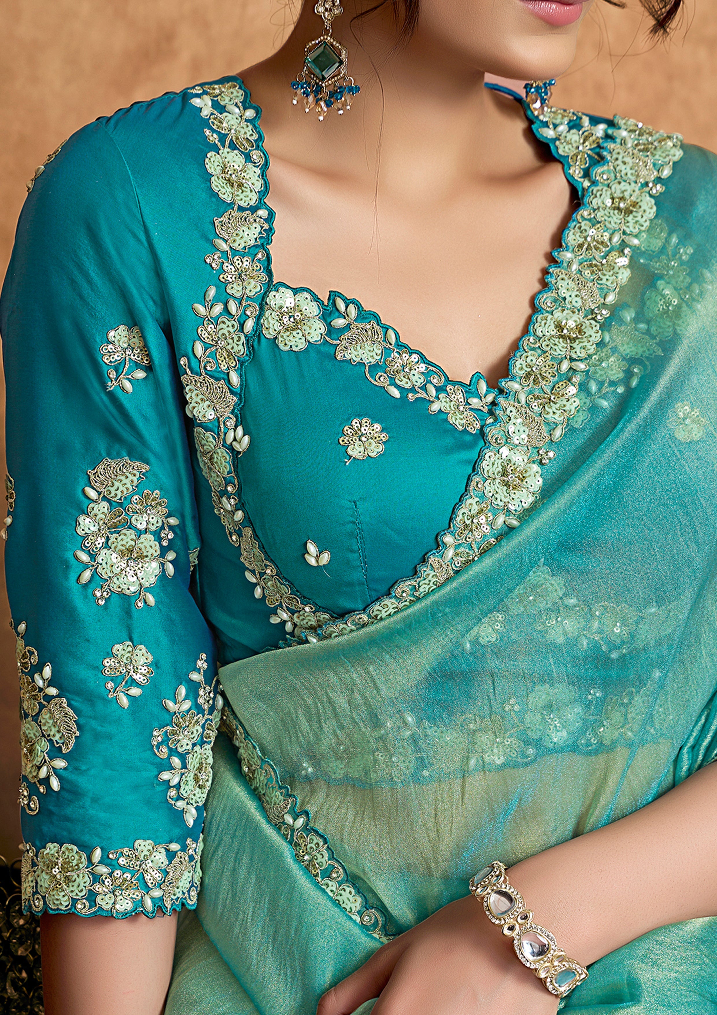 Turquoise Embellished Shimmer Organza Silk Saree