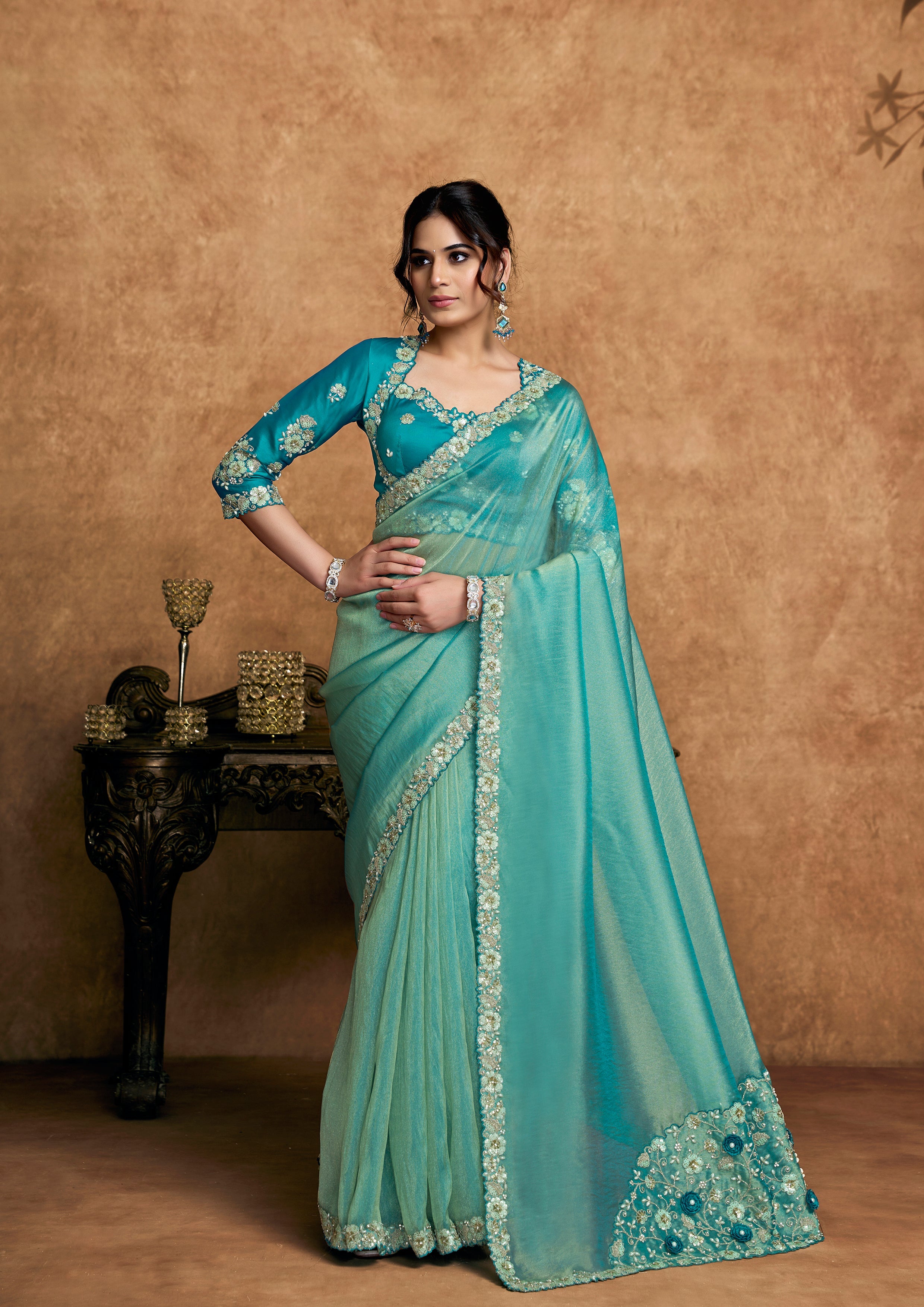 Turquoise Embellished Shimmer Organza Silk Saree