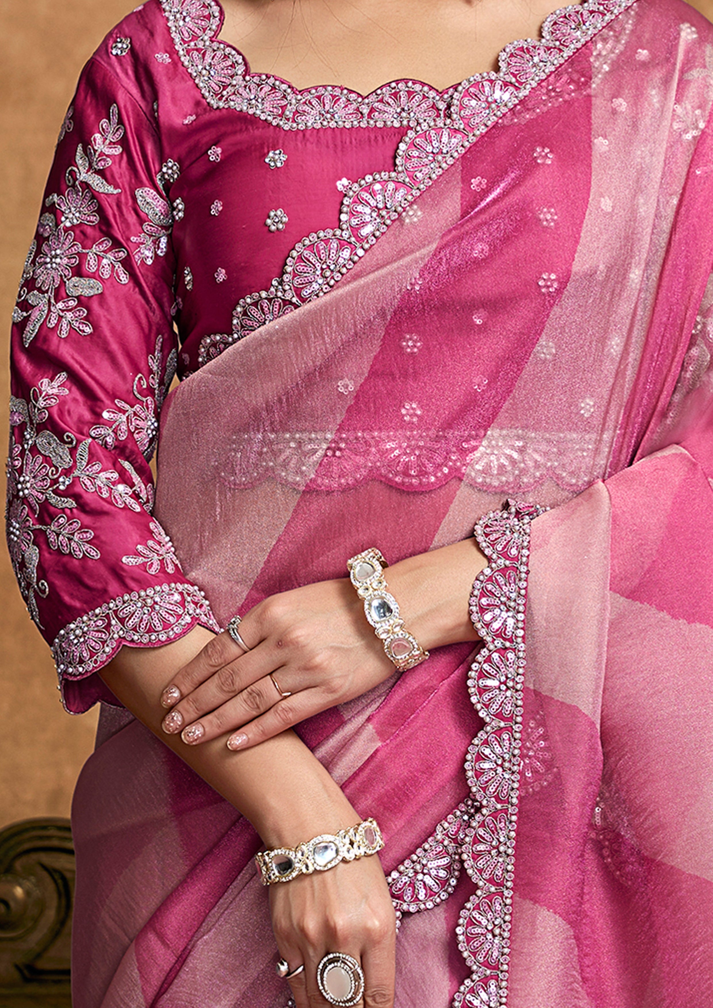 Fuchsia & Rose Pink Embellished Shimmer Saree