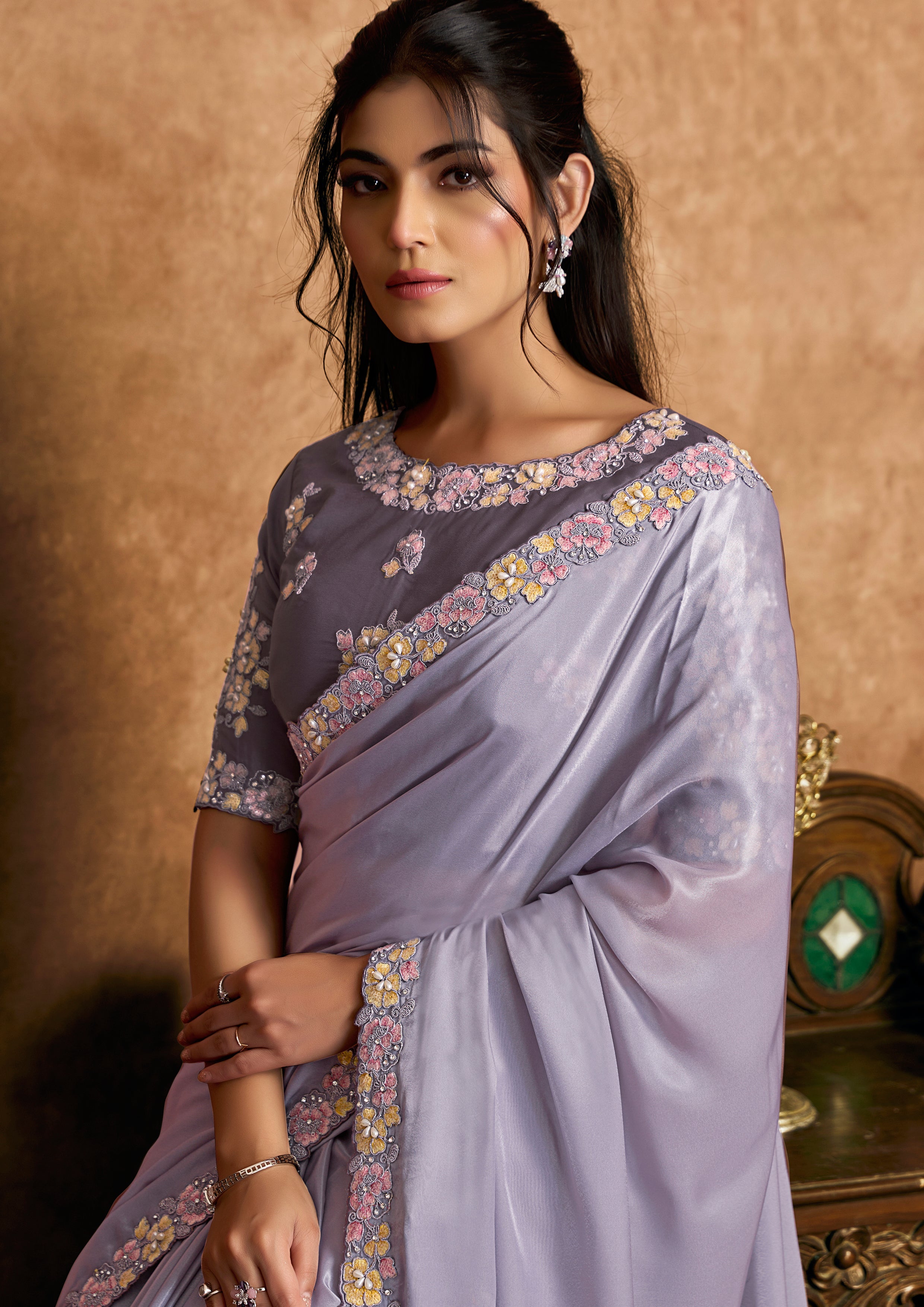 Dusty Lavender Embellished Crepe Silk Saree