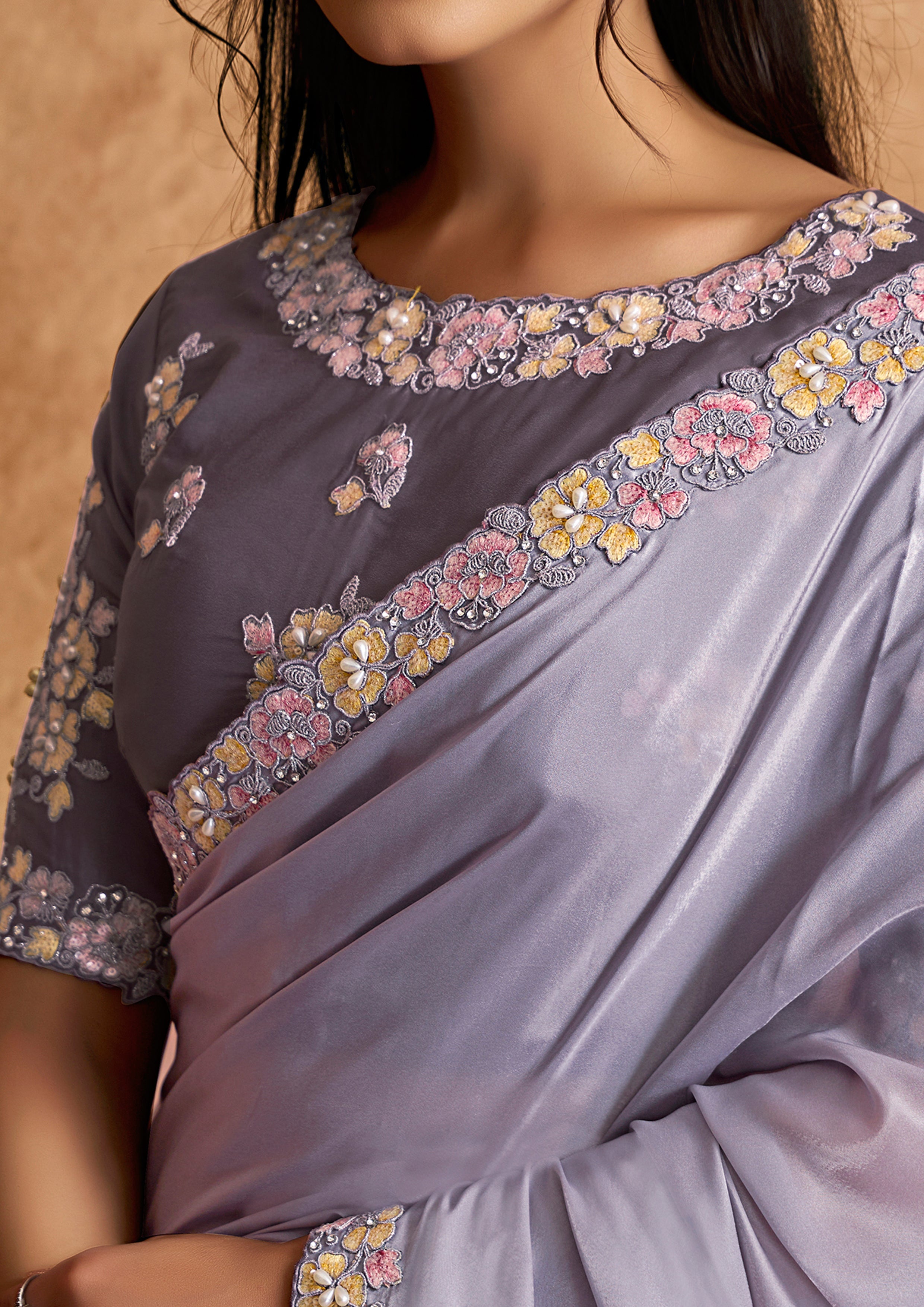Dusty Lavender Embellished Crepe Silk Saree