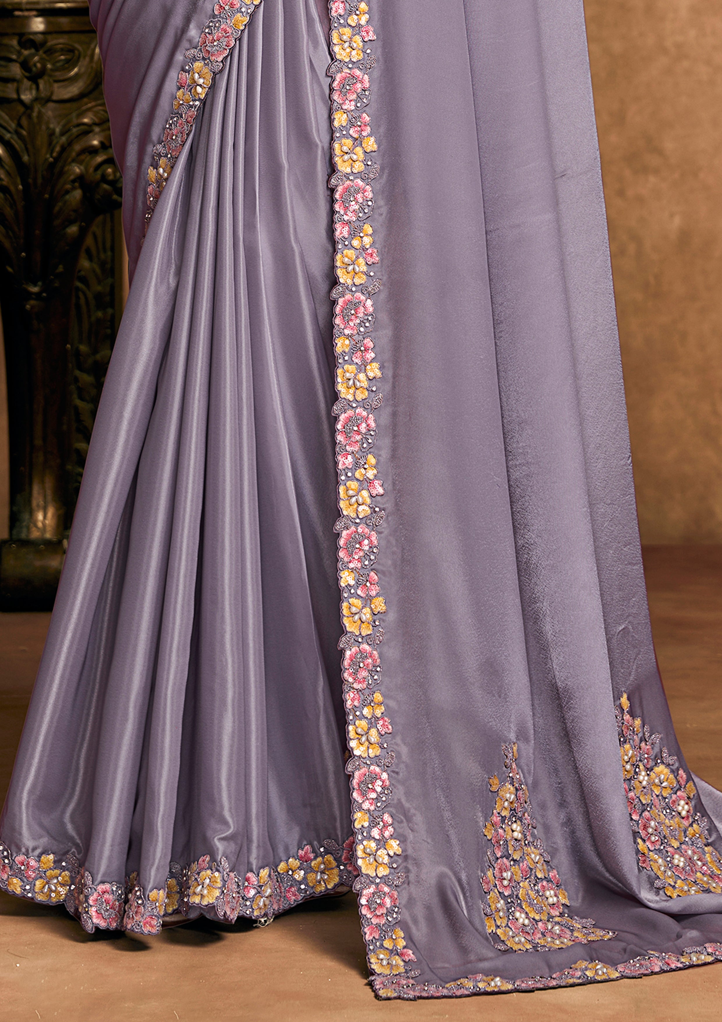 Dusty Lavender Embellished Crepe Silk Saree