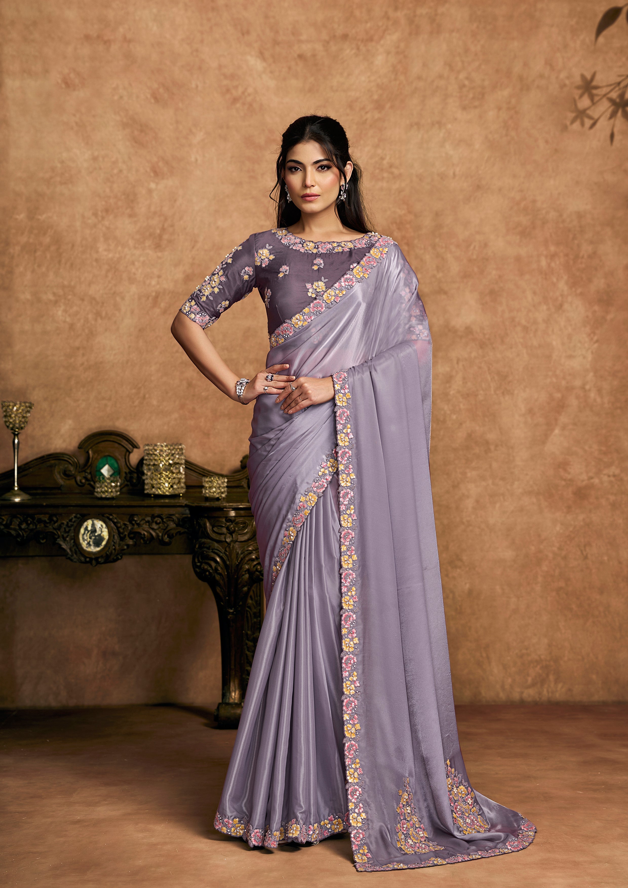 Dusty Lavender Embellished Crepe Silk Saree