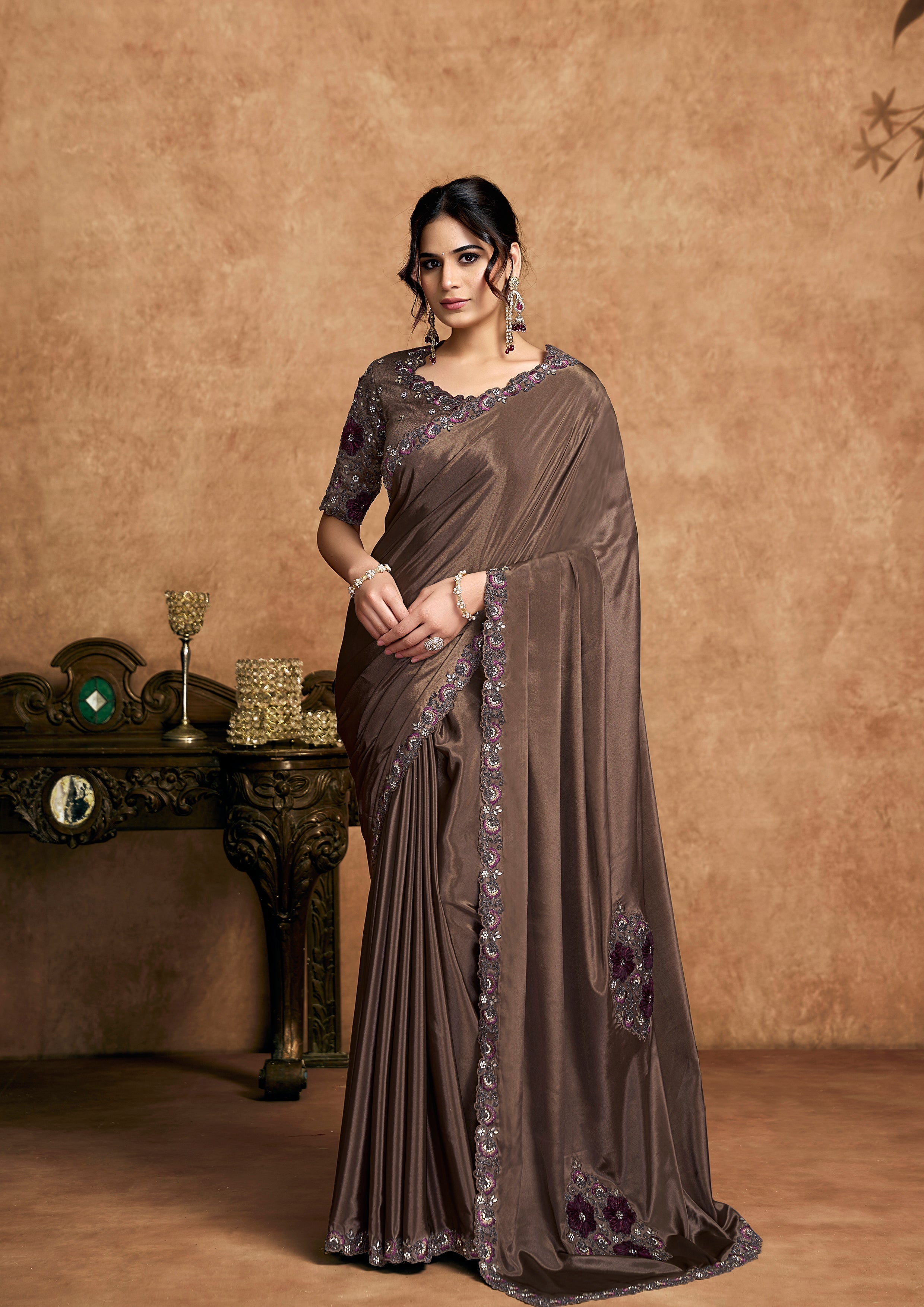 Espresso Brown Embellished Satin Silk Saree