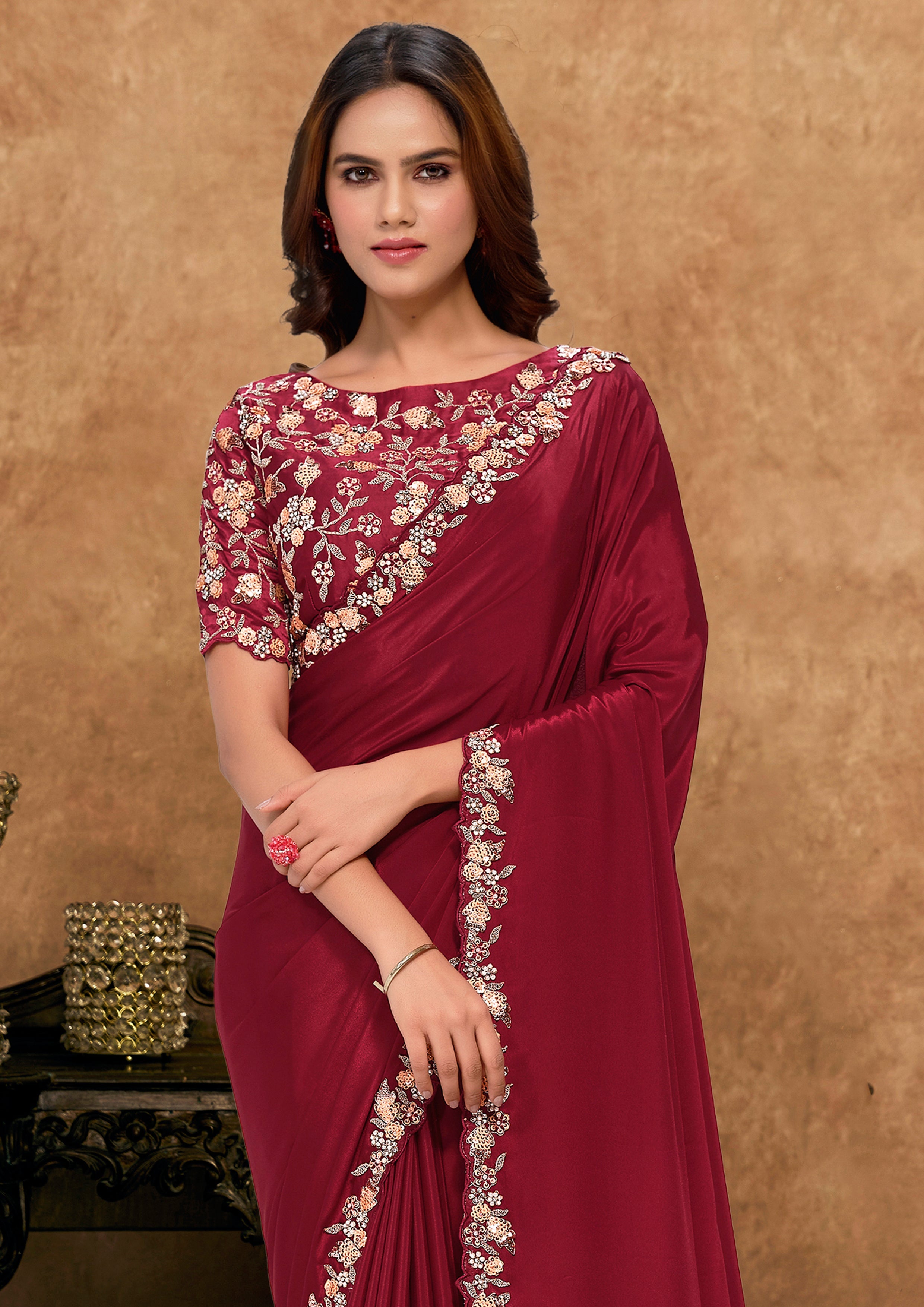 Deep Maroon Embellished Satin Silk Saree