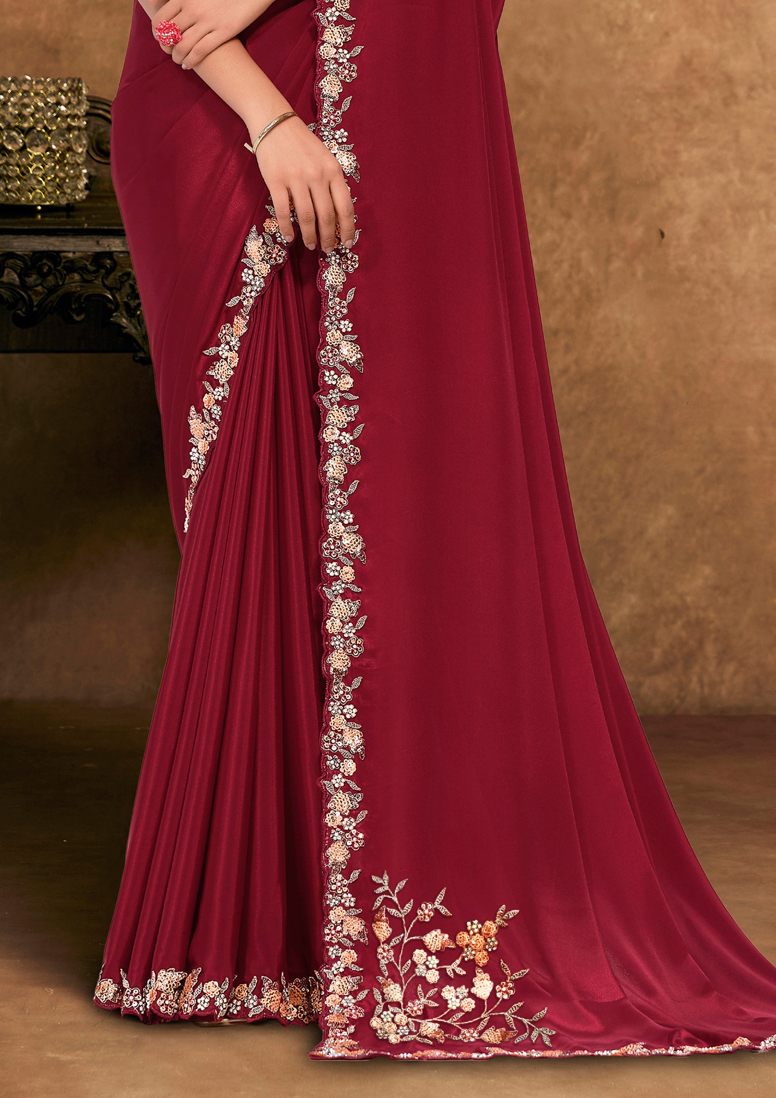 Deep Maroon Embellished Satin Silk Saree