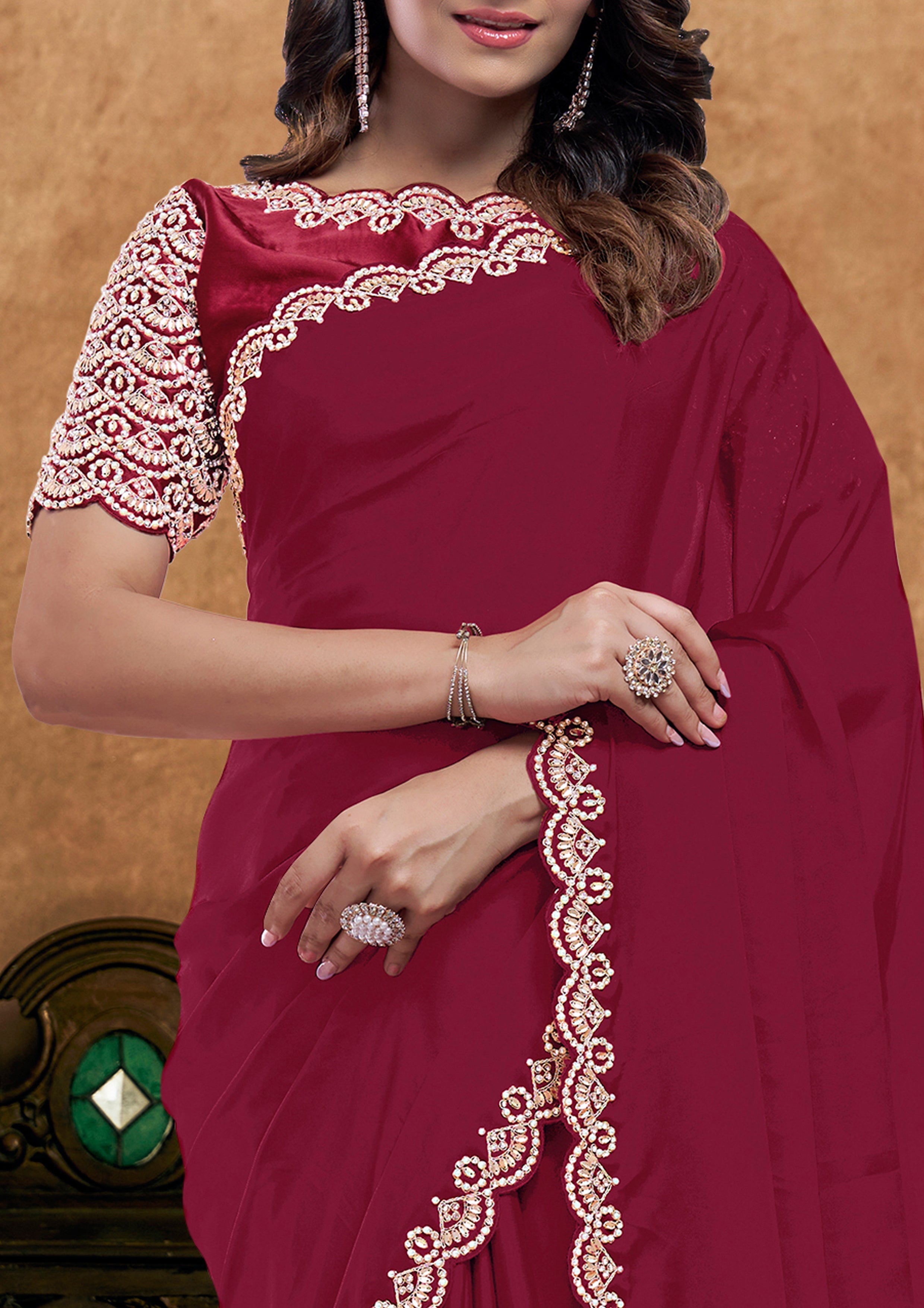 Crimson Red Embellished Crepe Silk Saree