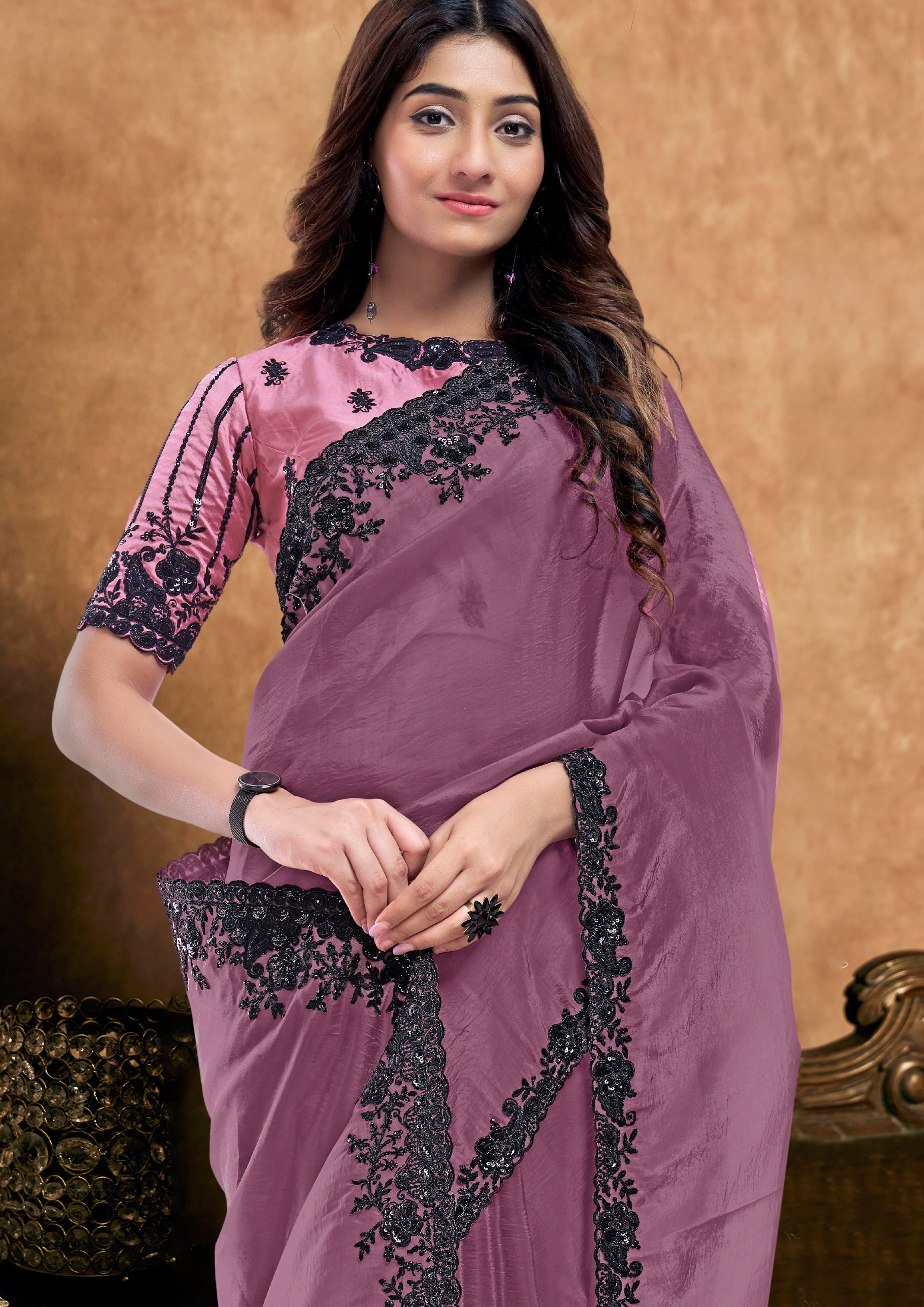 Mauve Orchid Embellished Crushed Pure Silk Saree