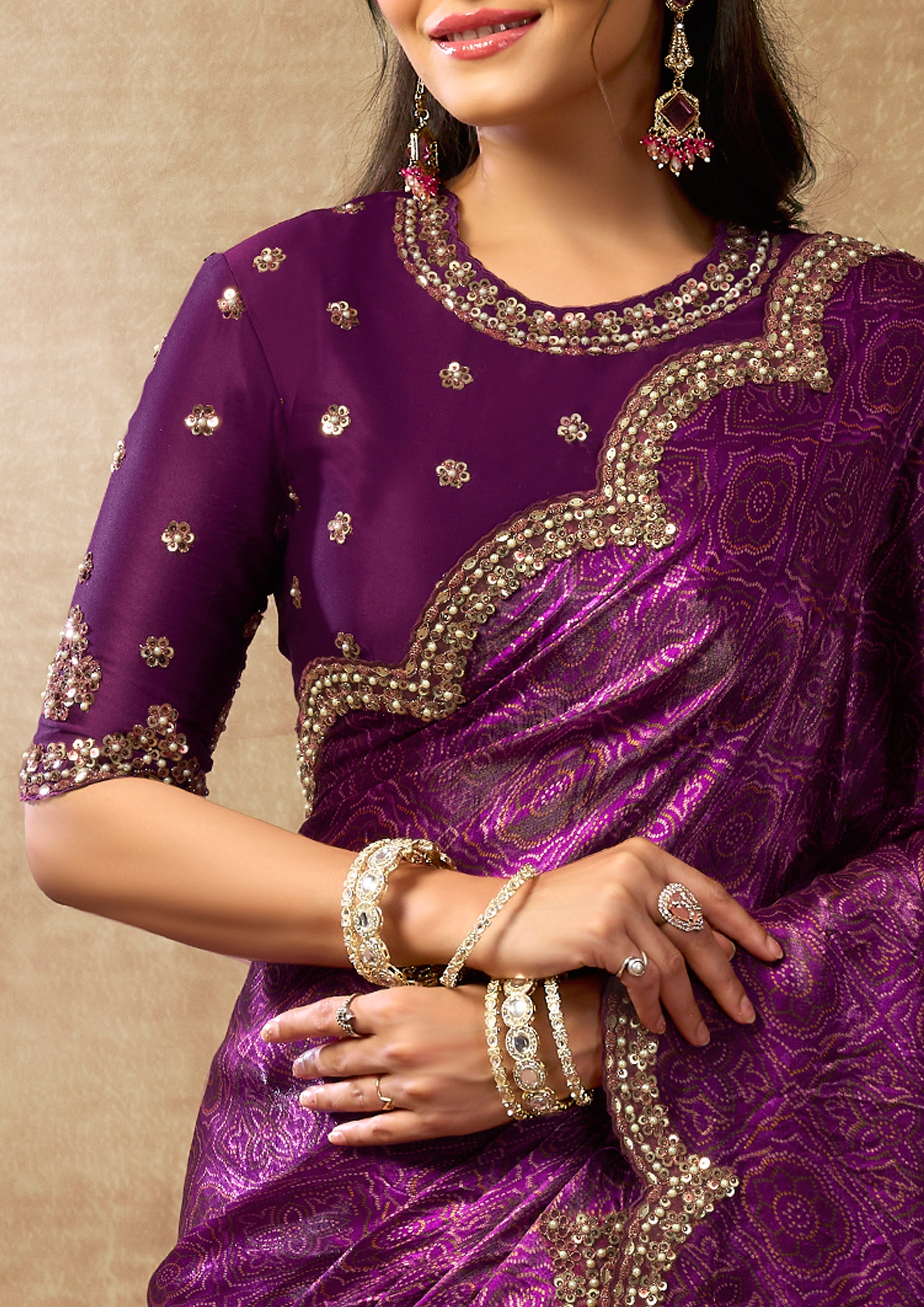 Royal Plum Embellished Satin Silk Saree