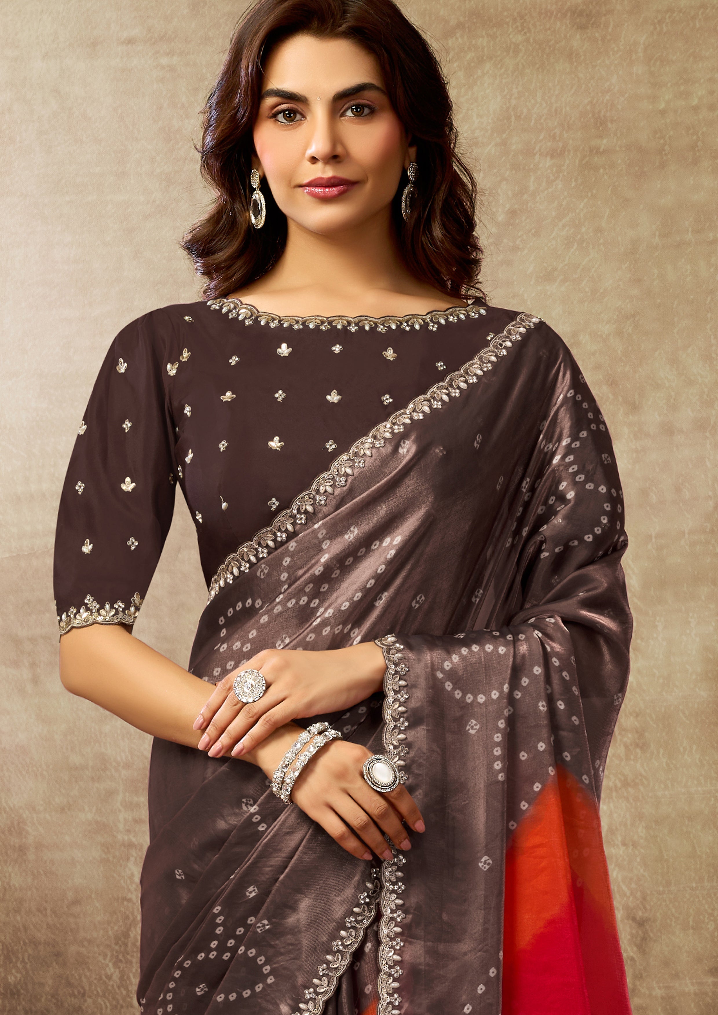 Coffee Brown Embellished Crepe Organza Silk Saree