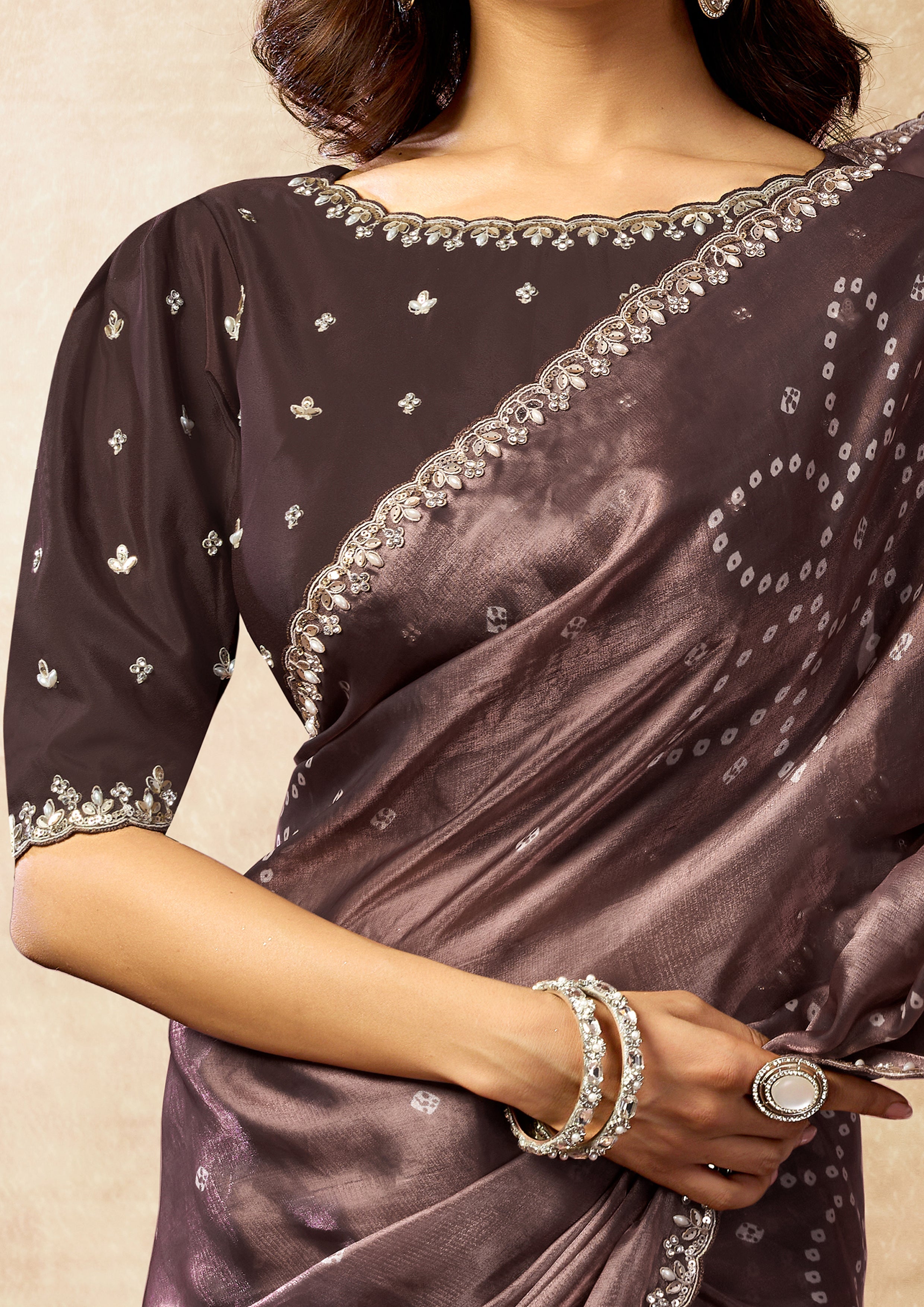 Coffee Brown Embellished Crepe Organza Silk Saree