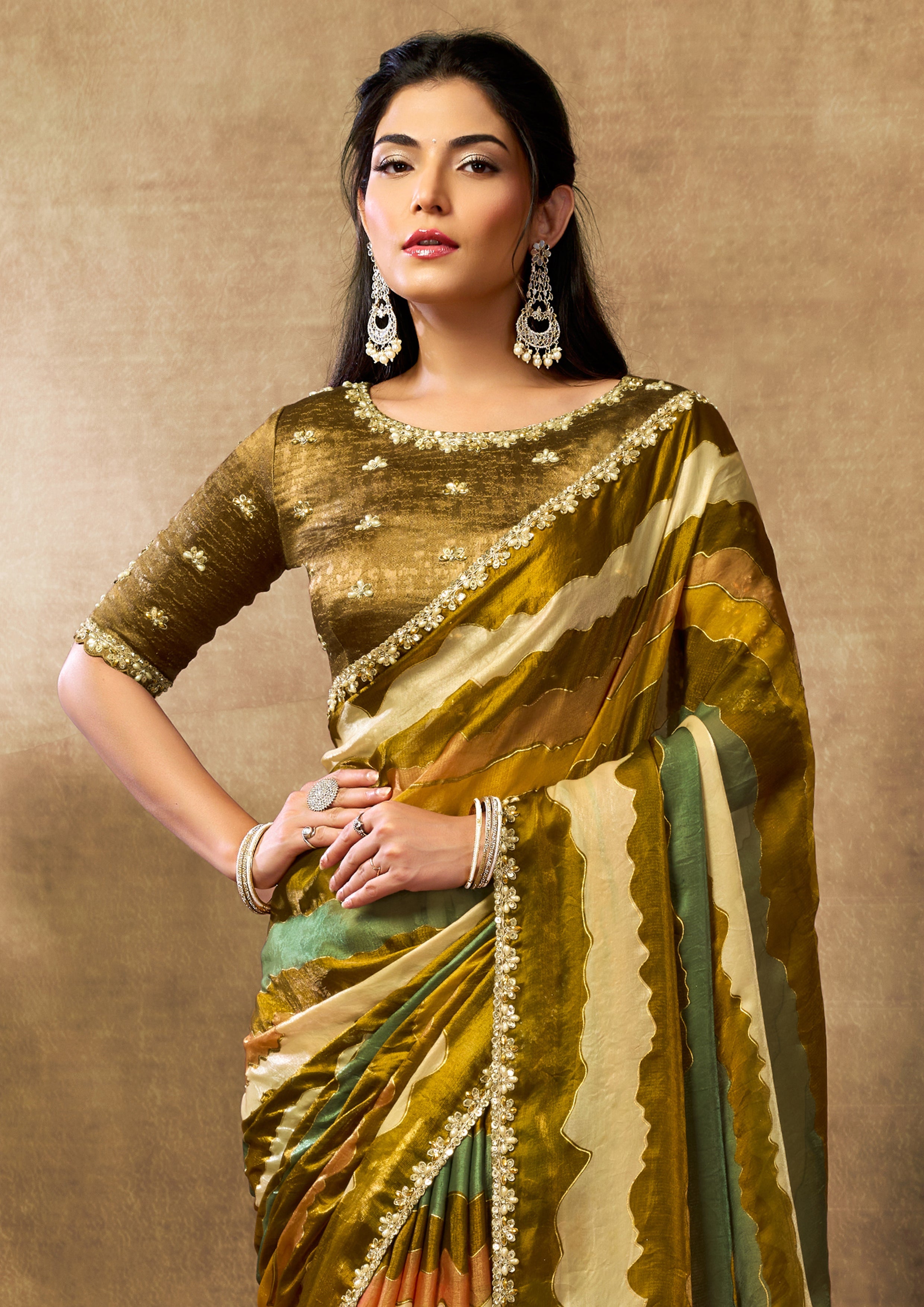 Olive Wave Embellished Crepe Tissue Silk Saree