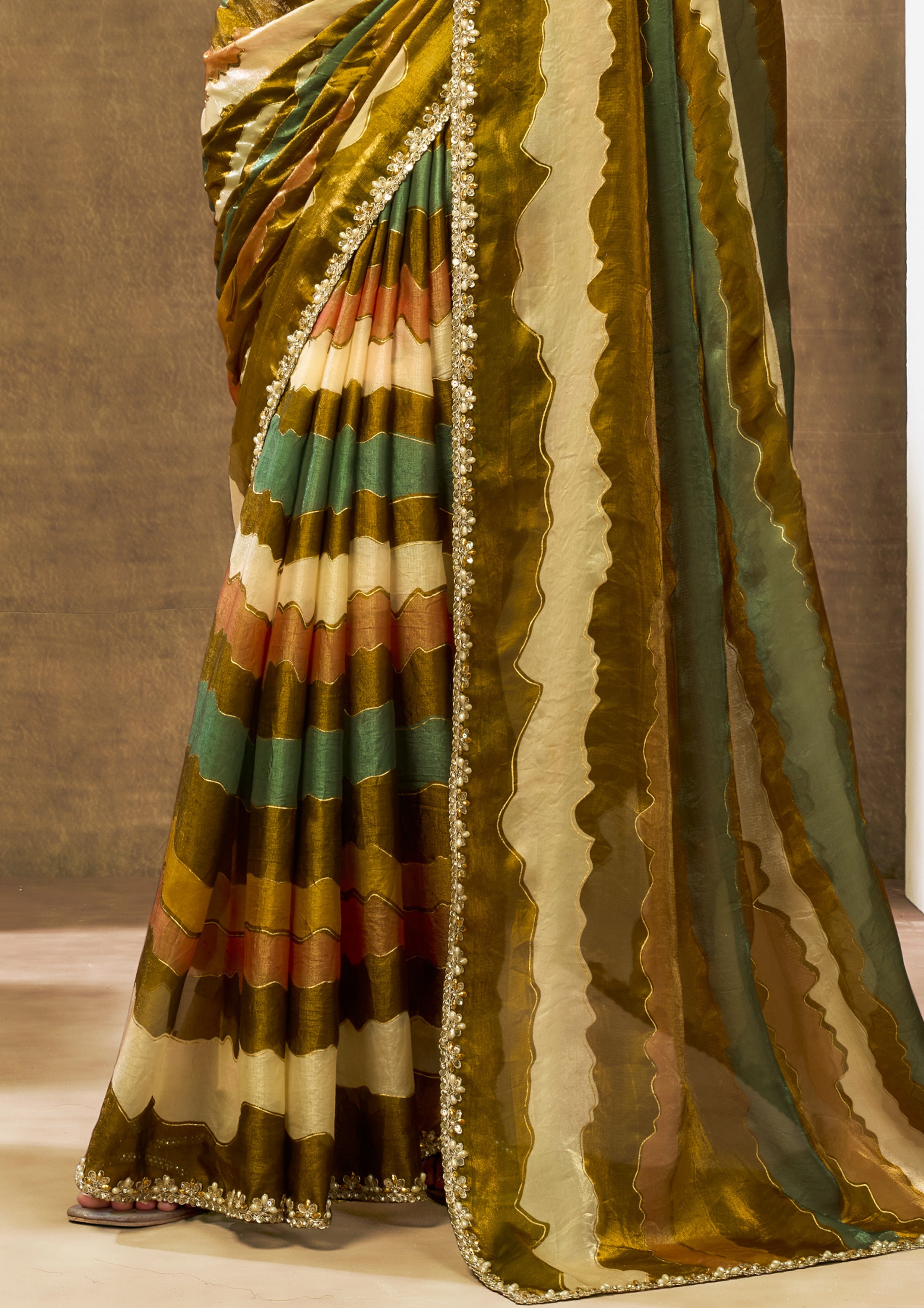 Olive Wave Embellished Crepe Tissue Silk Saree