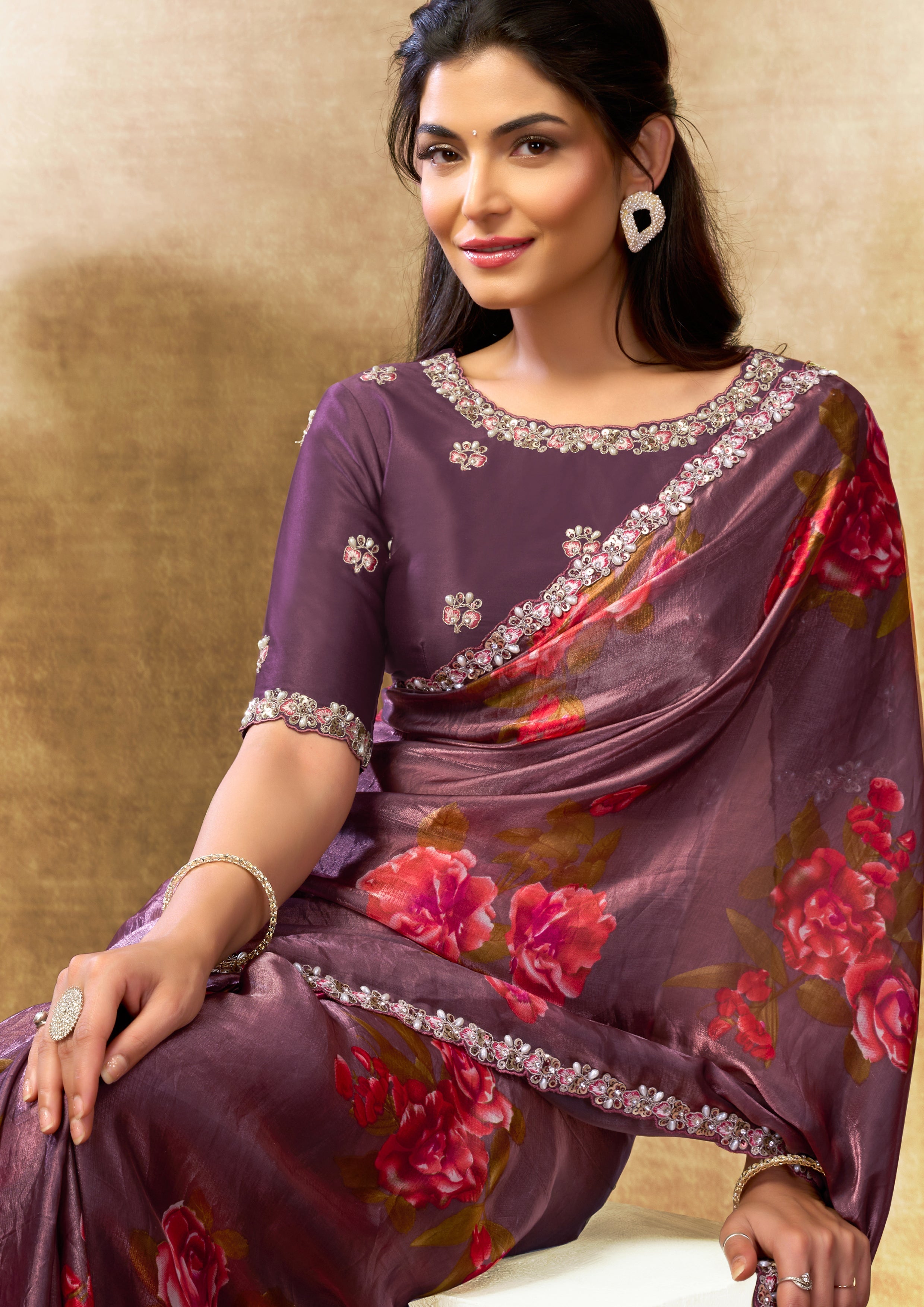 Mauve Rose Embellished Crepe Tissue Silk Saree