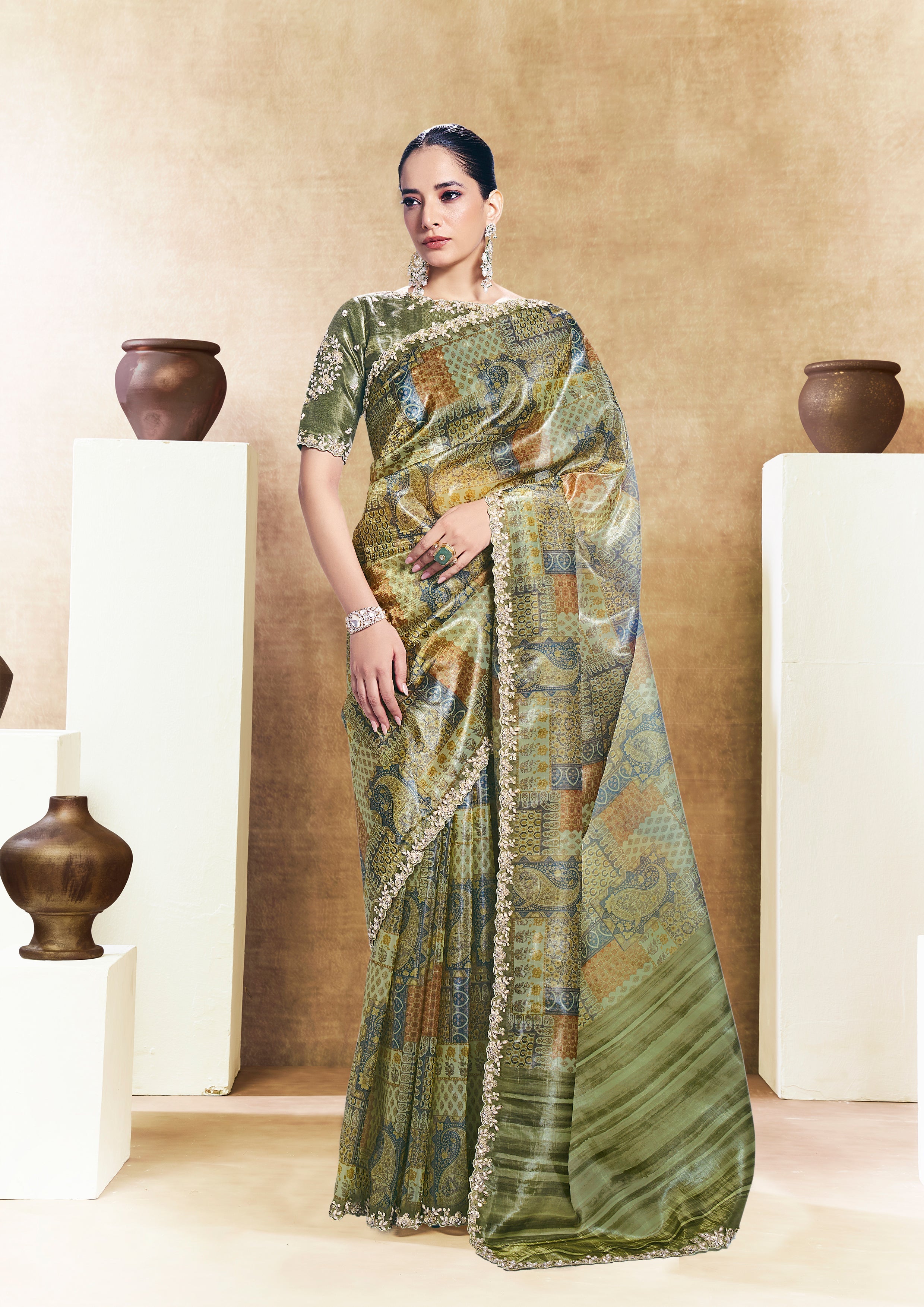 Sage Paisley Printed Satin Silk Saree