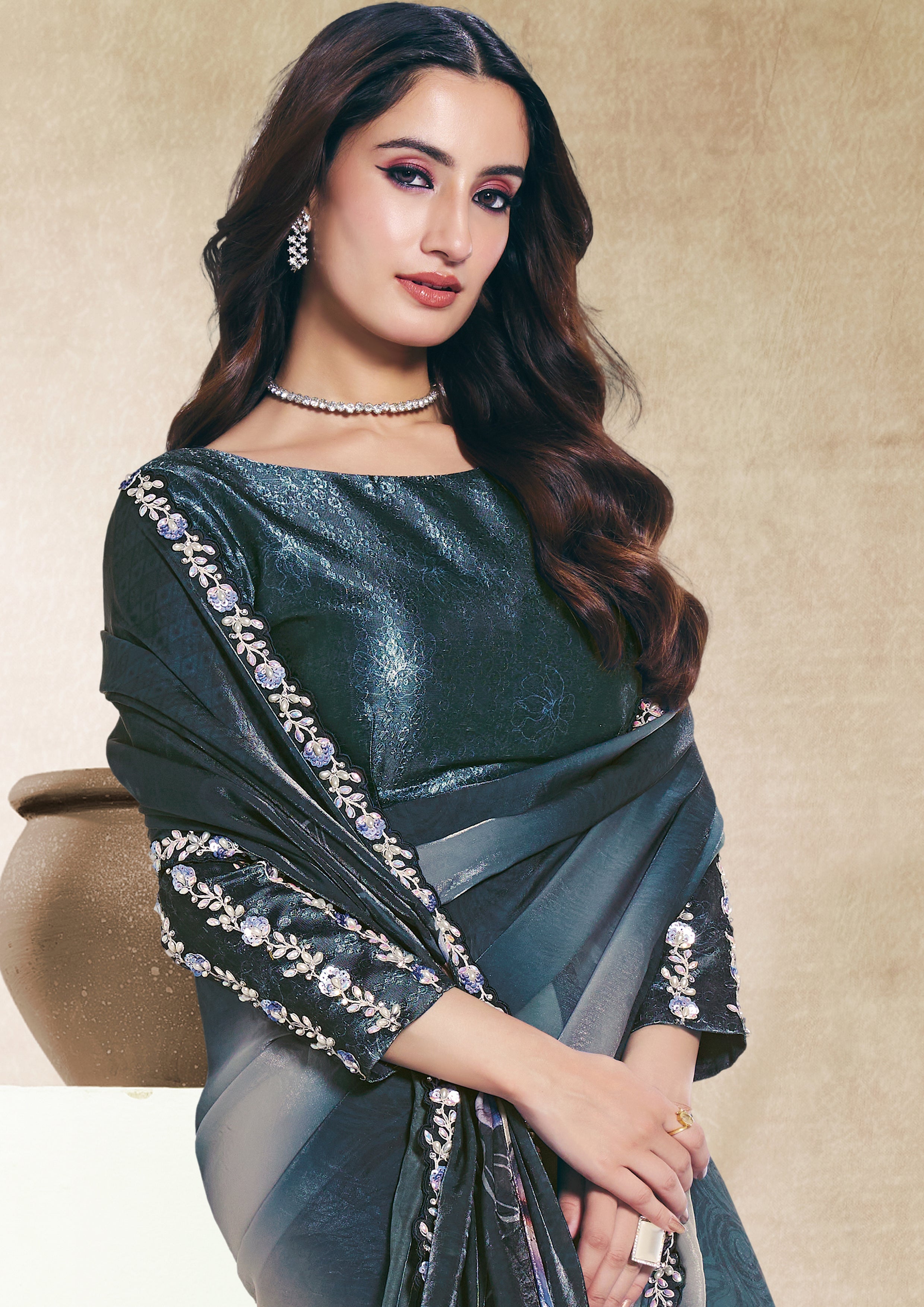 Teal Botanical Embellished Soft Organza Silk Saree
