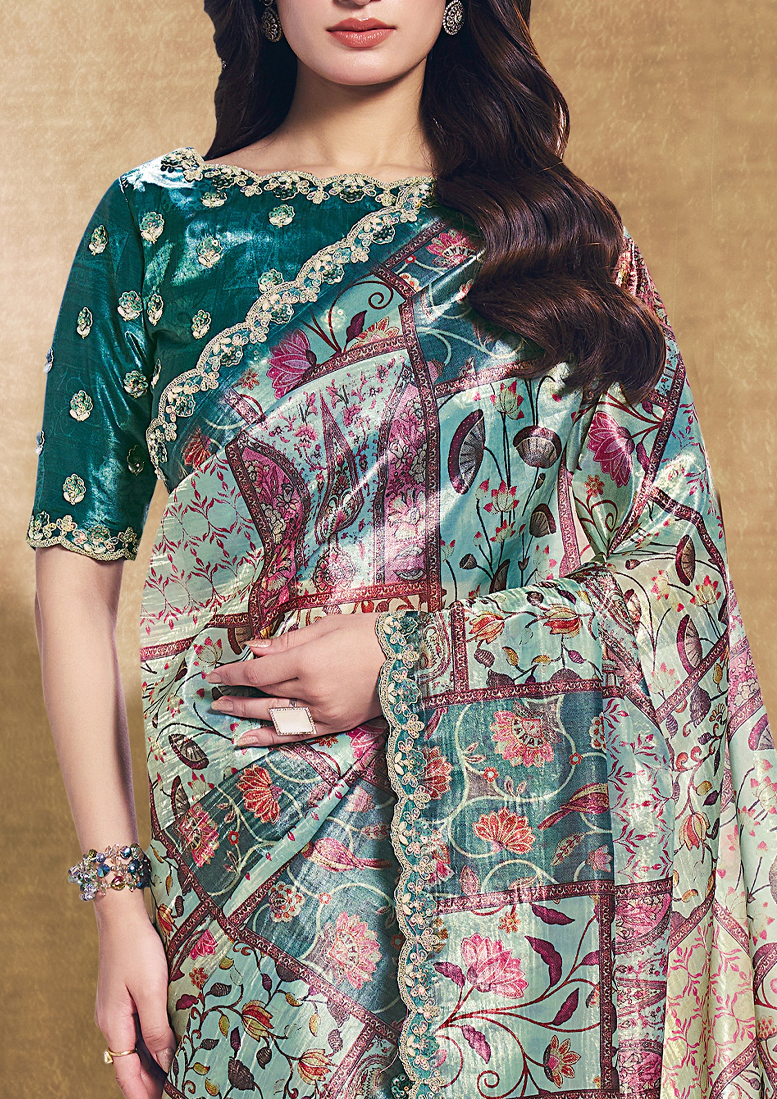 Rama Green Embellished Soft Organza Silk Saree