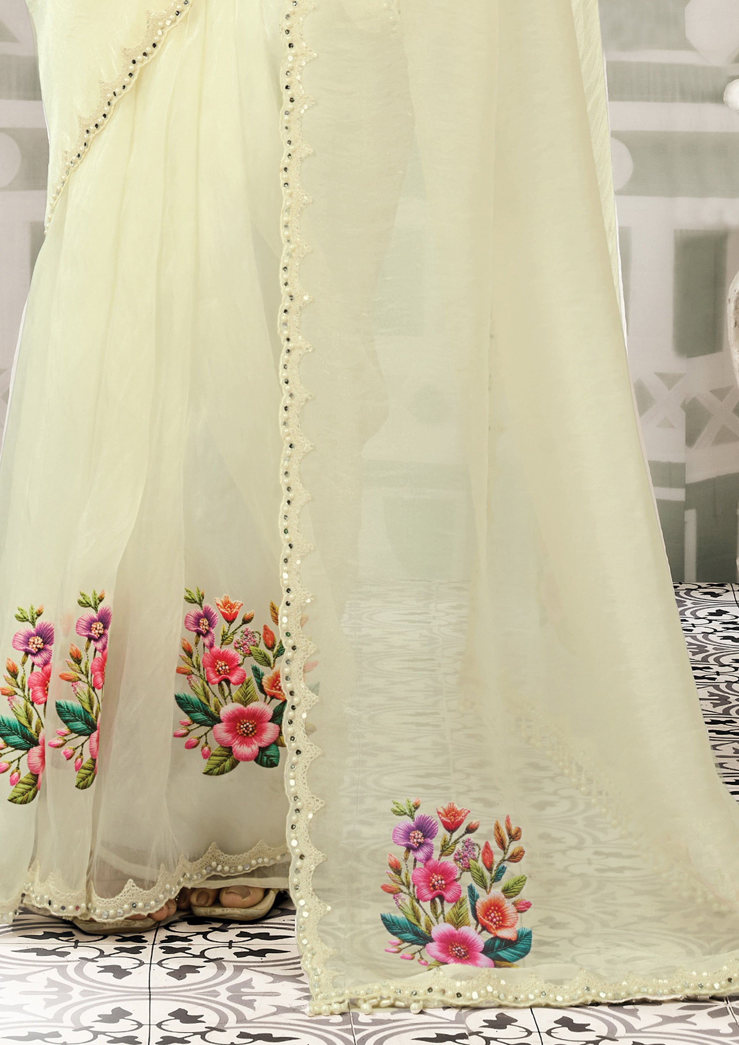 Yellow Pastel Embellished Organza Satin Silk Saree