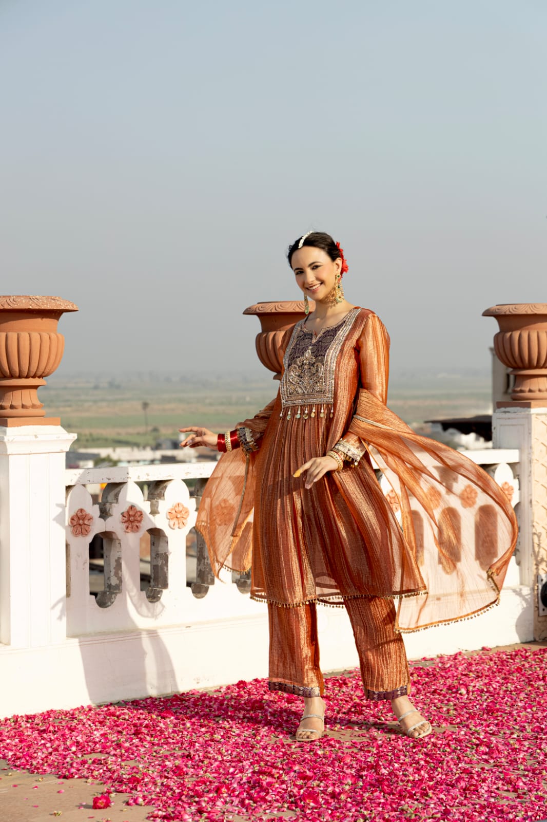 Peach Plum Embellished Shimmer Tissue Silk Pant Set